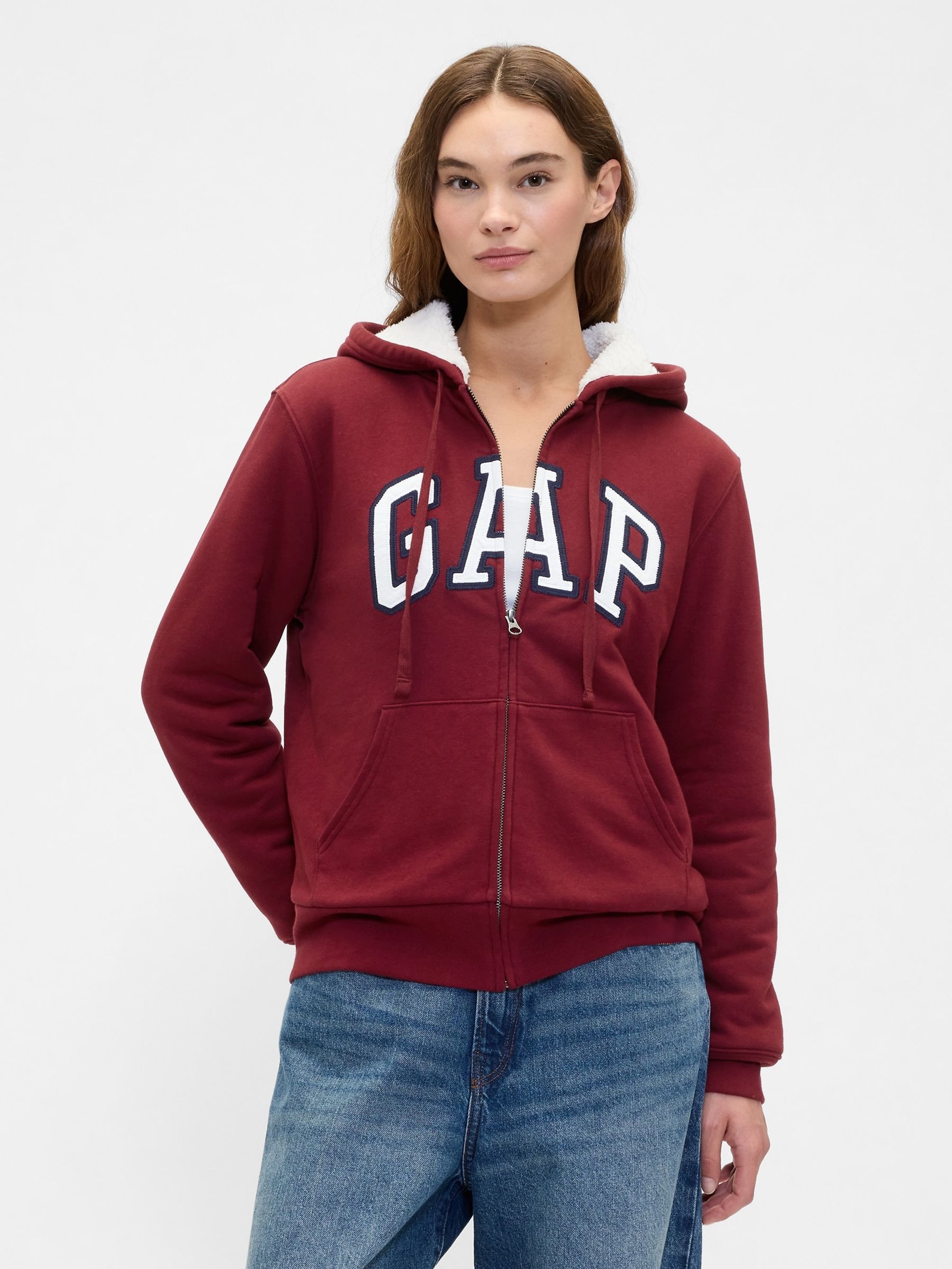 Red Relaxed Logo Sherpa-Lined Zip Hoodie - Image 1 of 4