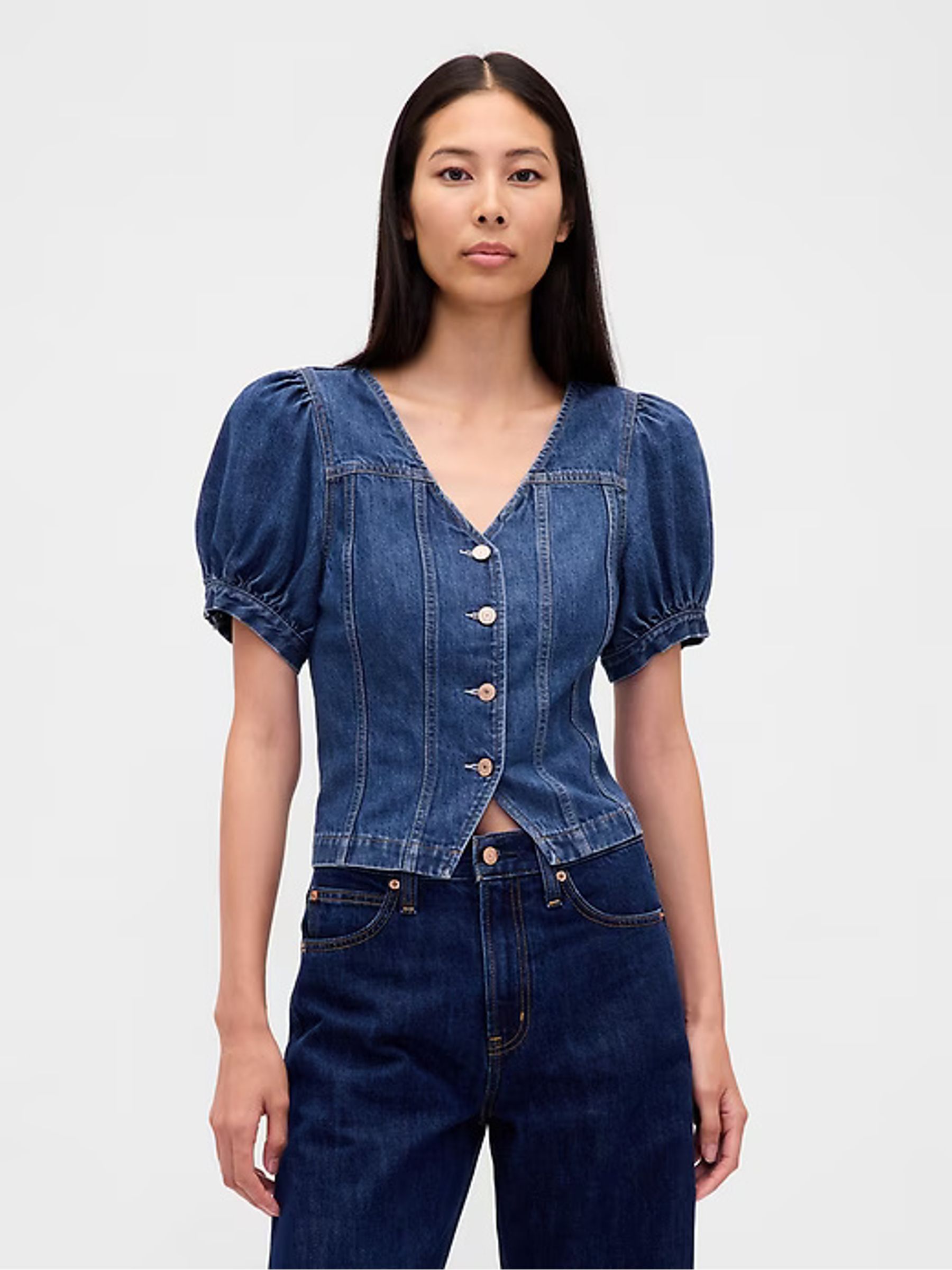 Blue Denim Puff Sleeve Seamed Top Gap
