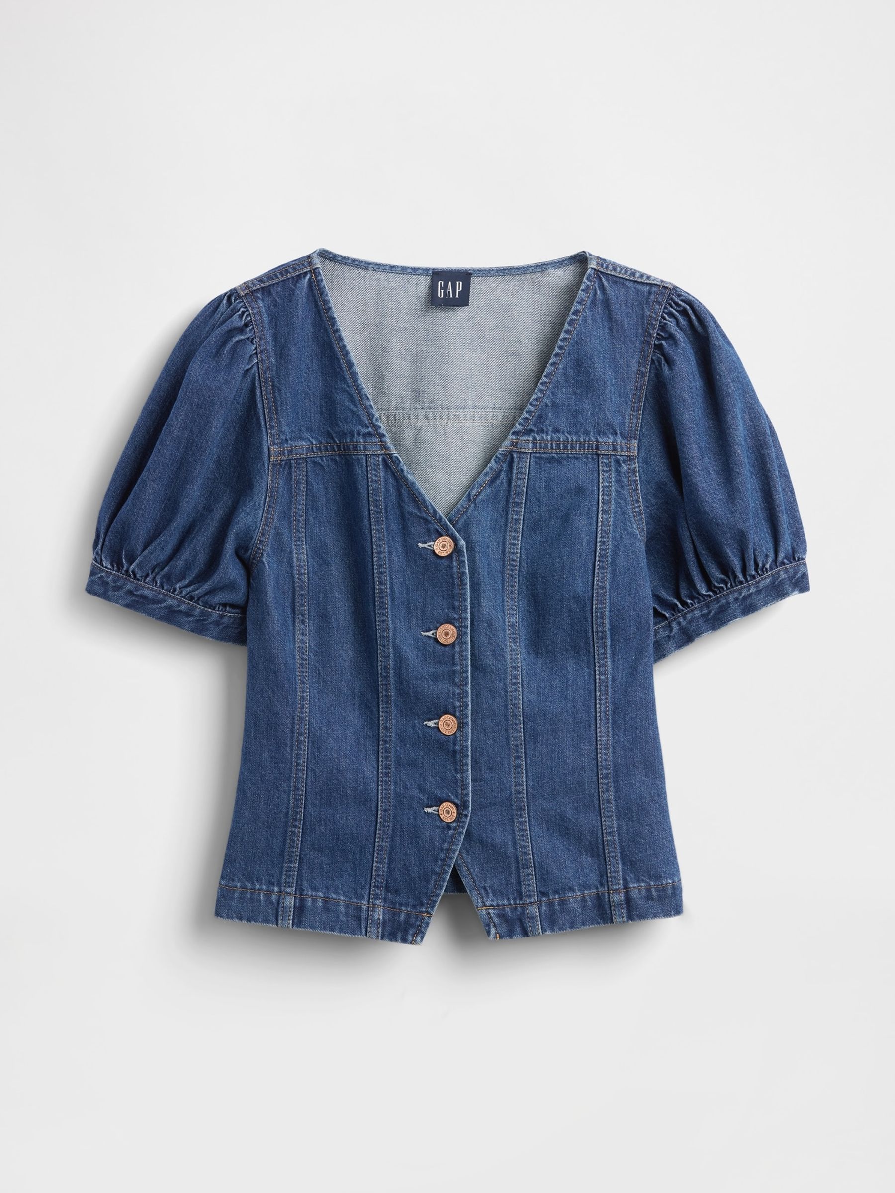 Blue Denim Puff Sleeve Seamed Top - Image 1 of 1