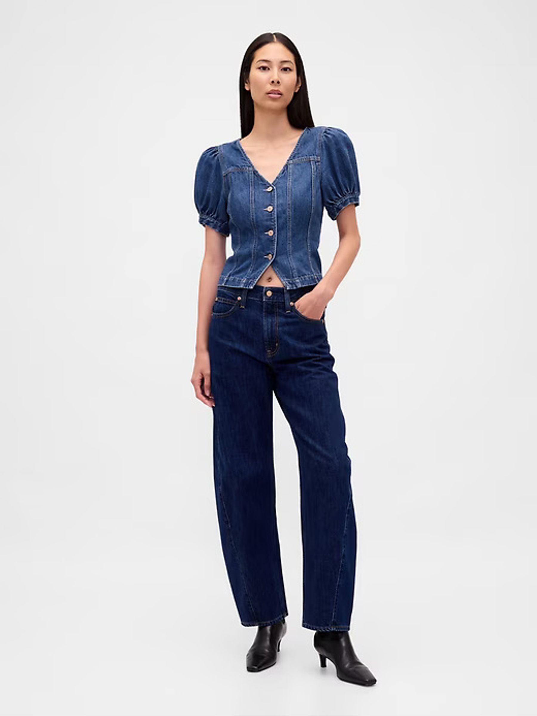 Blue Denim Puff Sleeve Seamed Top - Image 2 of 6