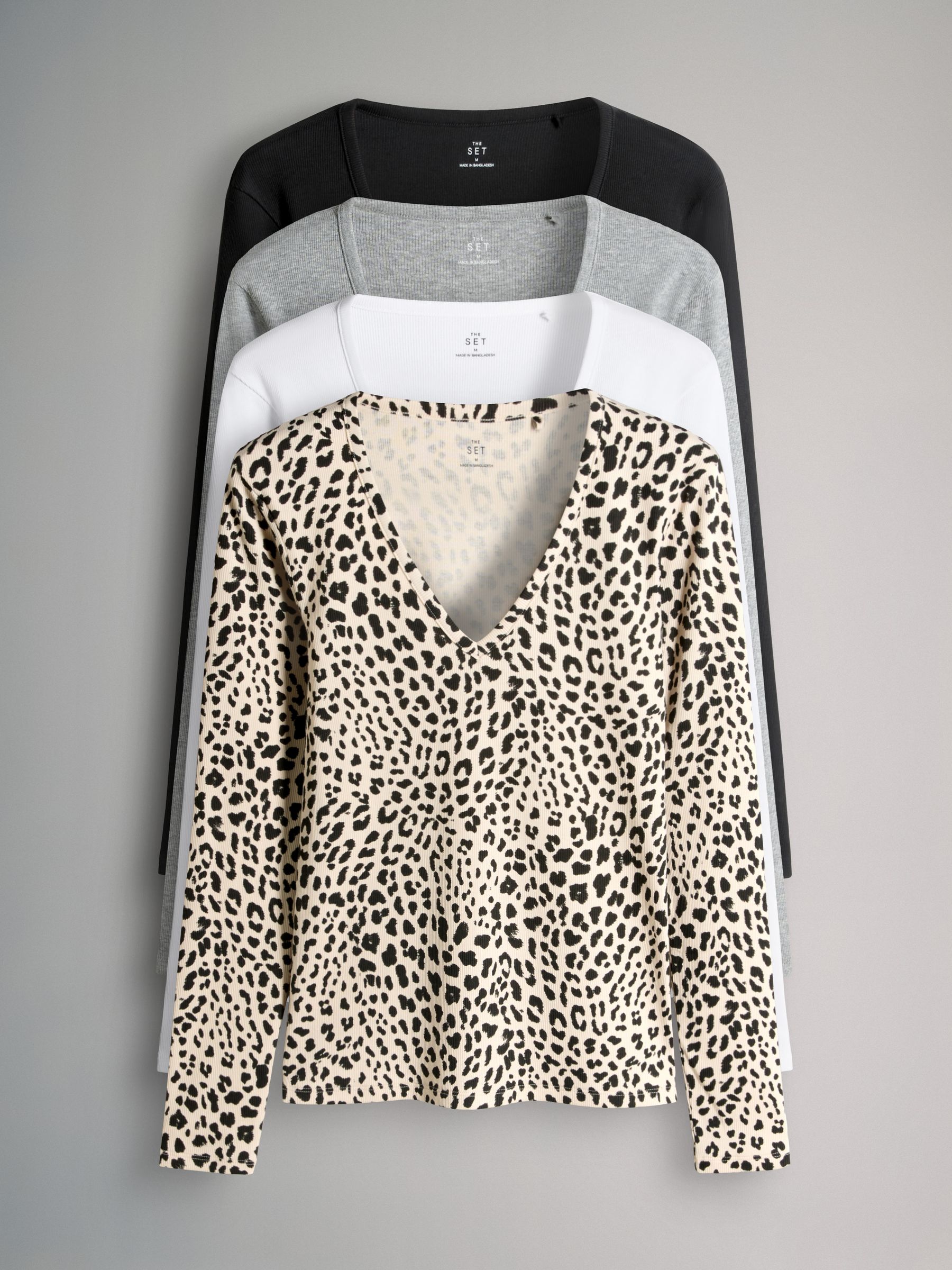 Black/Grey/Cream/Animal - 4 Pack V-Neck Ribbed Long Sleeve T-Shirts - Image 1 of 7 Black/Grey/Cream/Animal - 4 Pack V-Neck Ribbed Long Sleeve T-Shirts - Image 1 of 7
