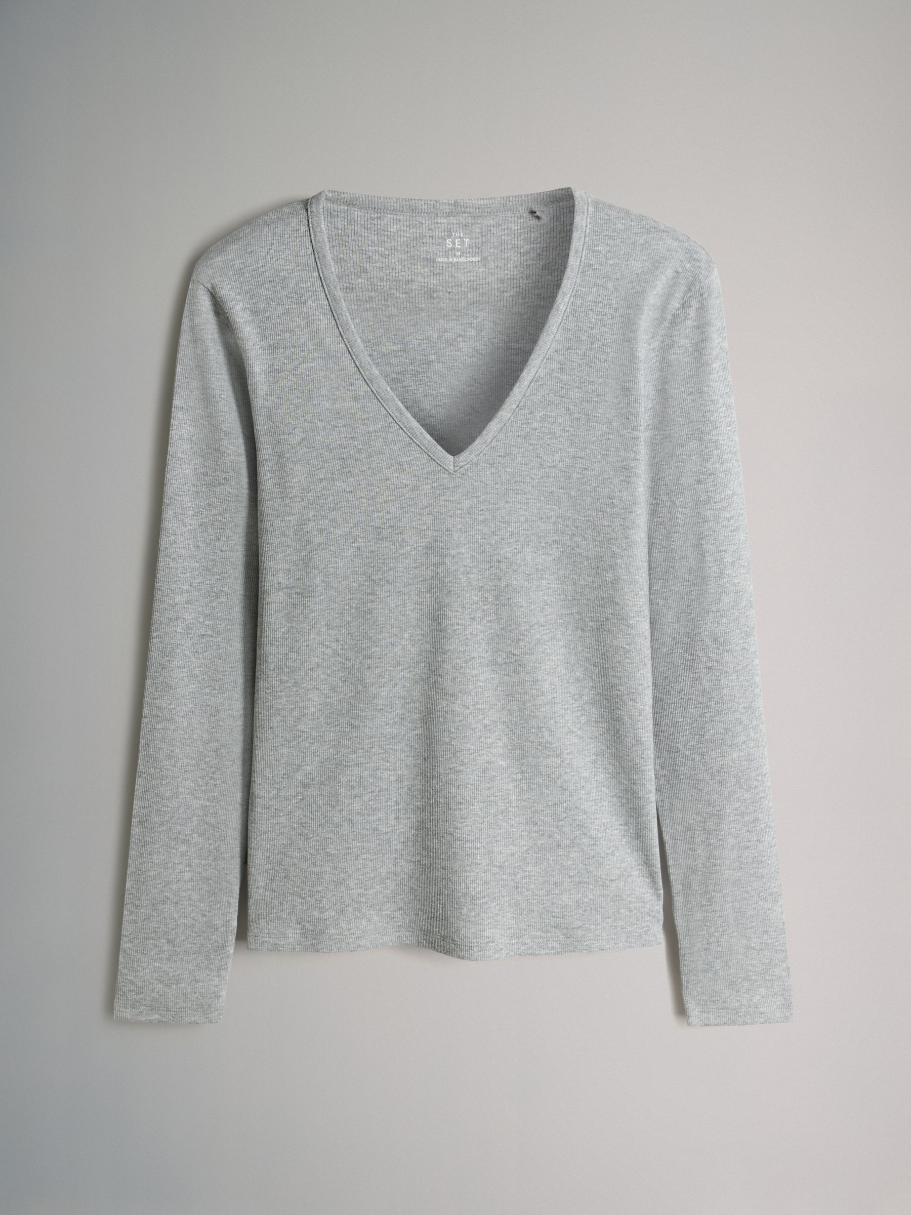 Black/Grey/Cream/Animal - 4 Pack V-Neck Ribbed Long Sleeve T-Shirts - Image 4 of 7