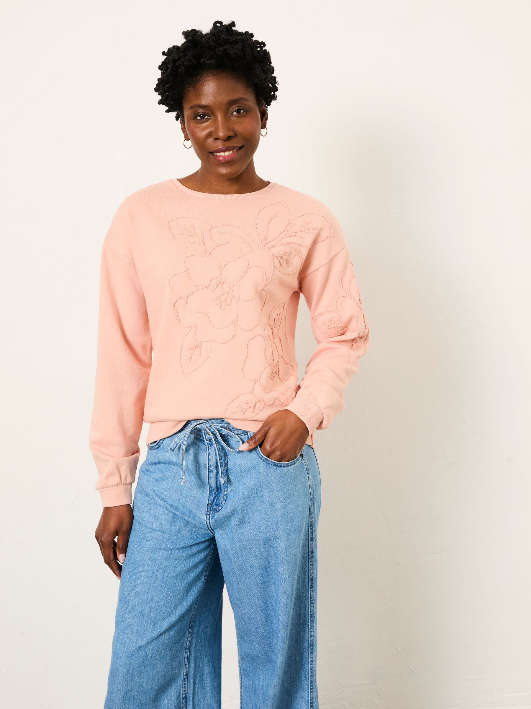 Coral Pink Floral Embroidered Crew Sweat - Image 1 of 6