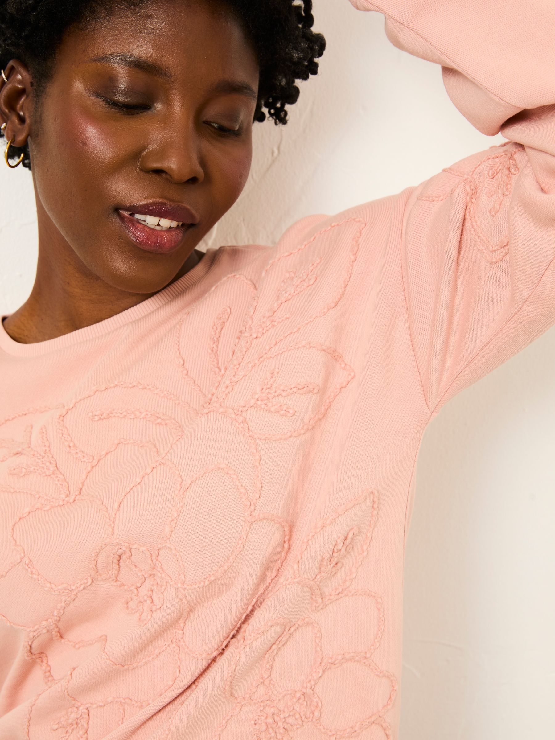 Coral Pink Floral Embroidered Crew Sweat - Image 3 of 6