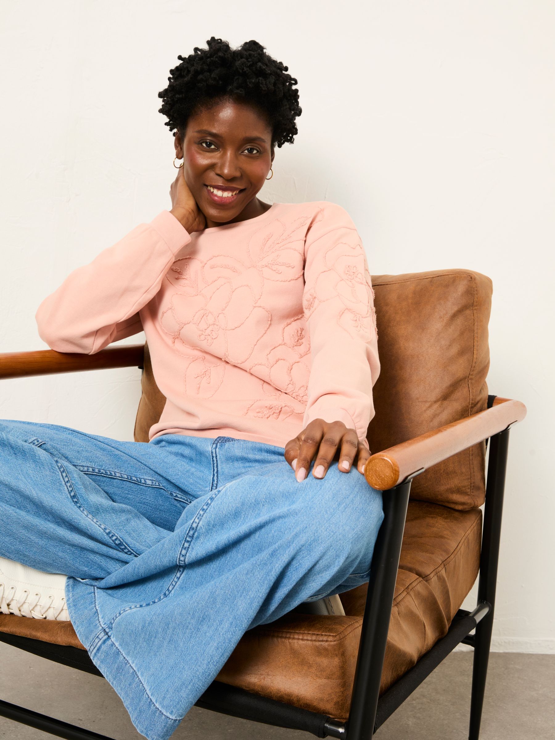 Coral Pink Floral Embroidered Crew Sweat - Image 5 of 6