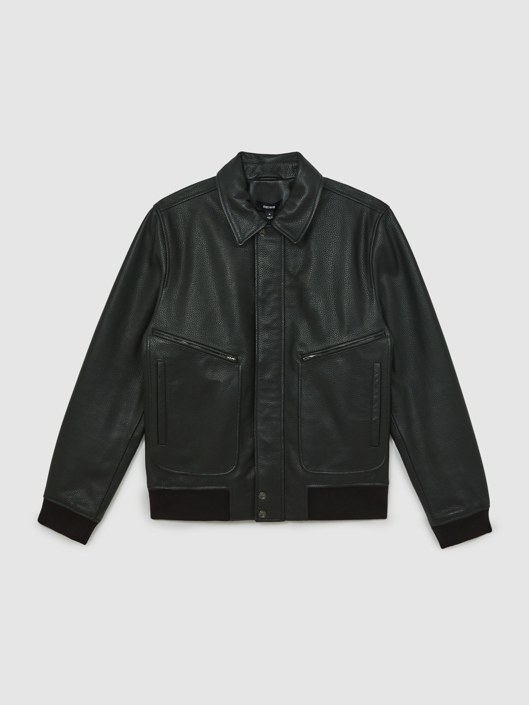 Grained Leather Zip Through Jacket in Black - Image 2 of 9
