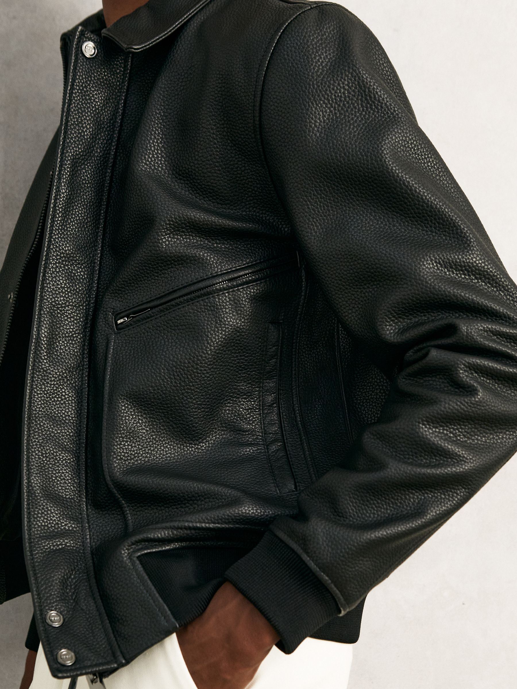 Reiss Grained Leather Zip Through Jacket in Black | REISS