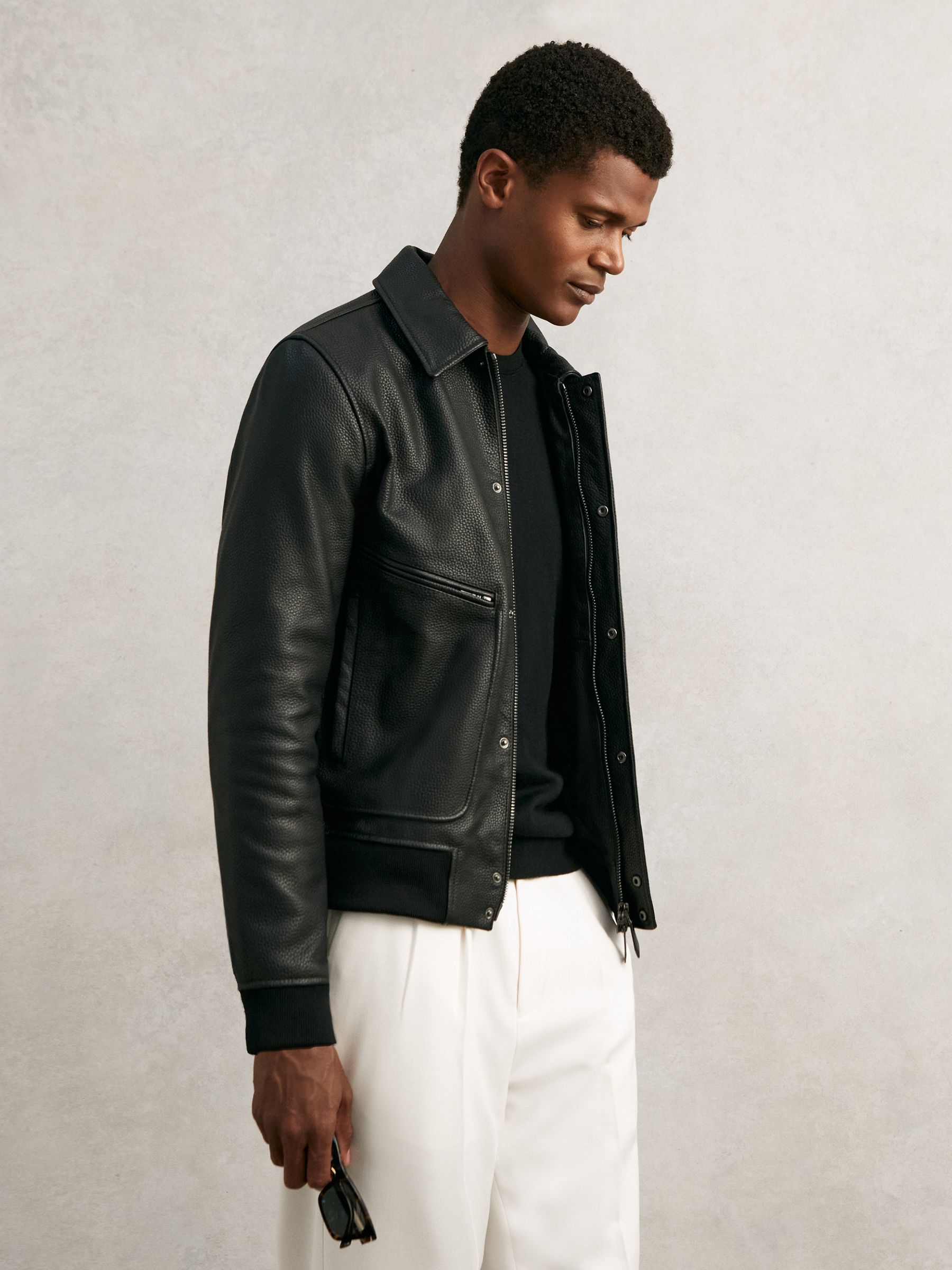 Reiss Grained Leather Zip Through Jacket in Black | REISS