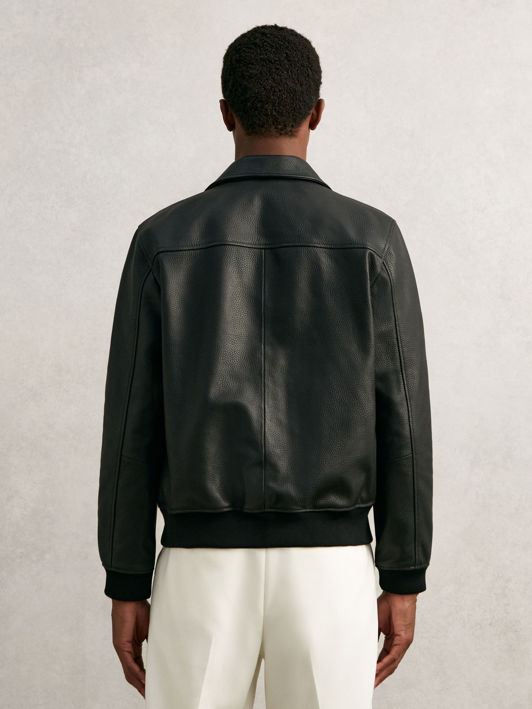 Grained Leather Zip Through Jacket in Black - Image 8 of 9