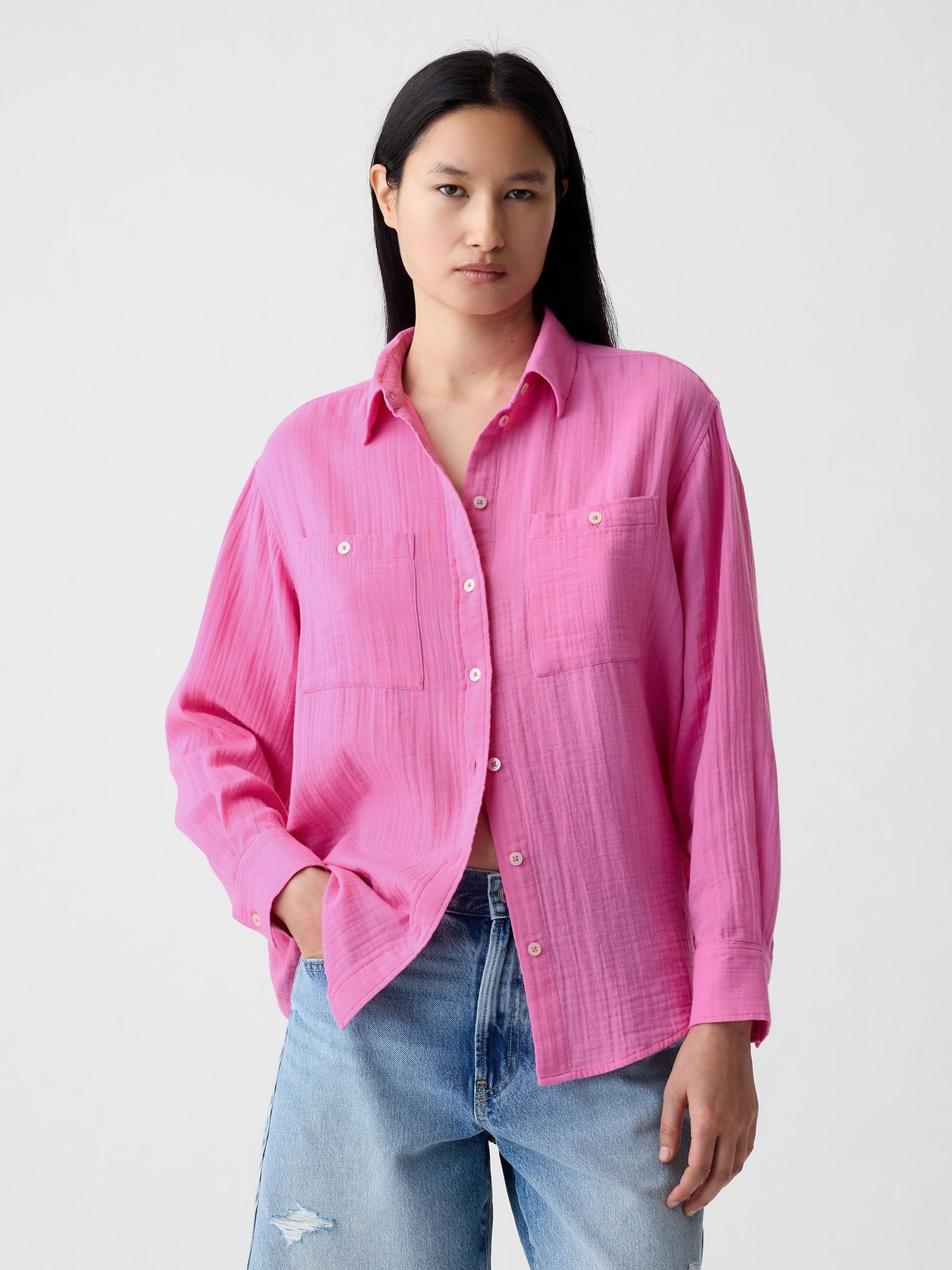 Pink Crinkle Cotton Long Sleeve Oversize Shirt - Image 1 of 5