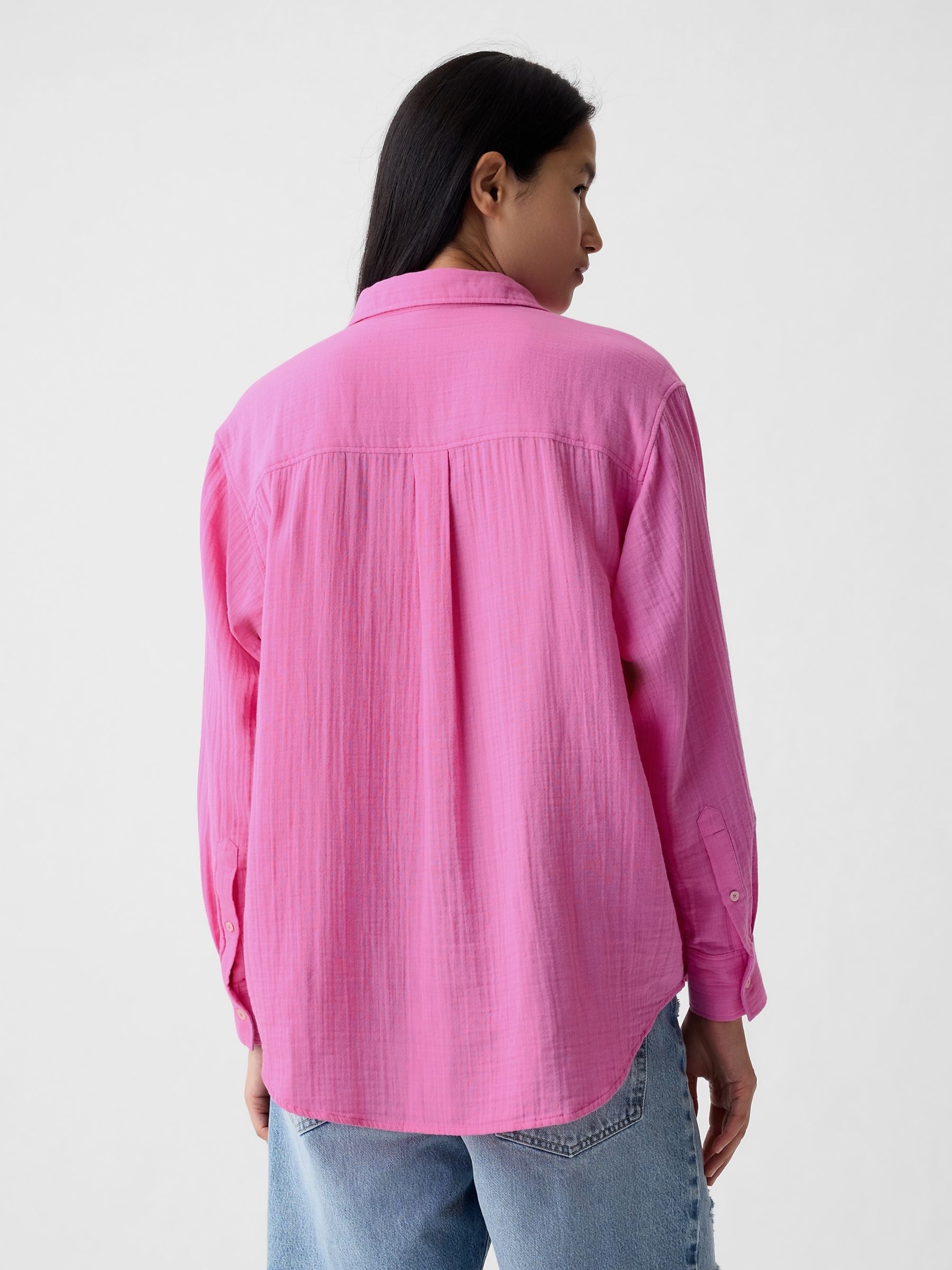 Pink Crinkle Cotton Long Sleeve Oversize Shirt - Image 2 of 5