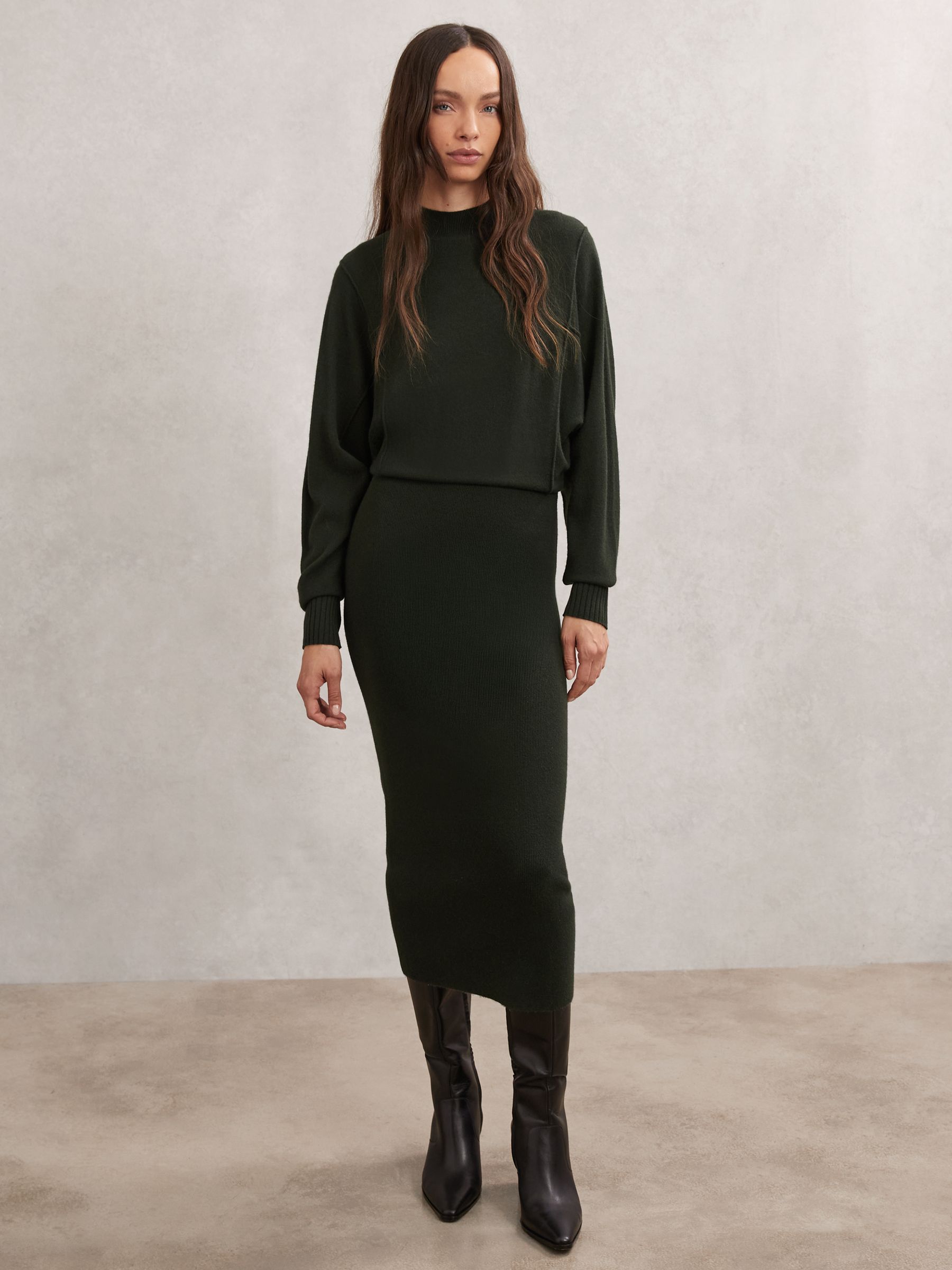 Wool-Blend High-Neck Knitted Dress with Cashmere in Dark Green - image 3