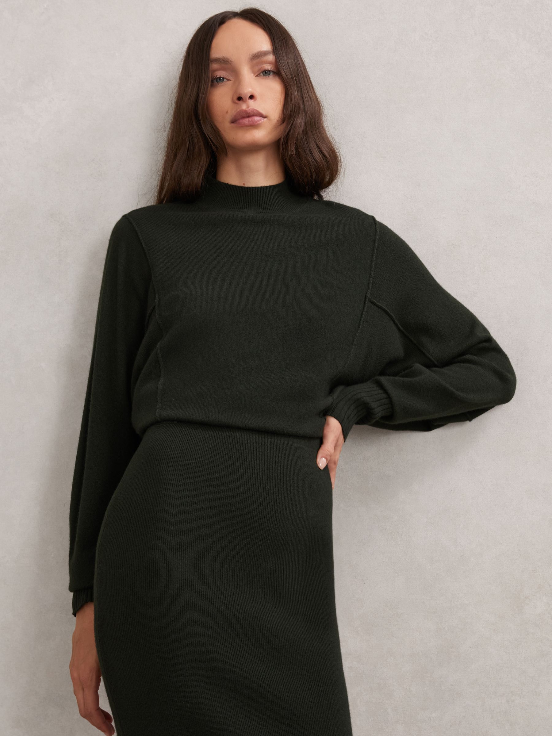 Wool-Blend High-Neck Knitted Dress with Cashmere in Dark Green - image 4