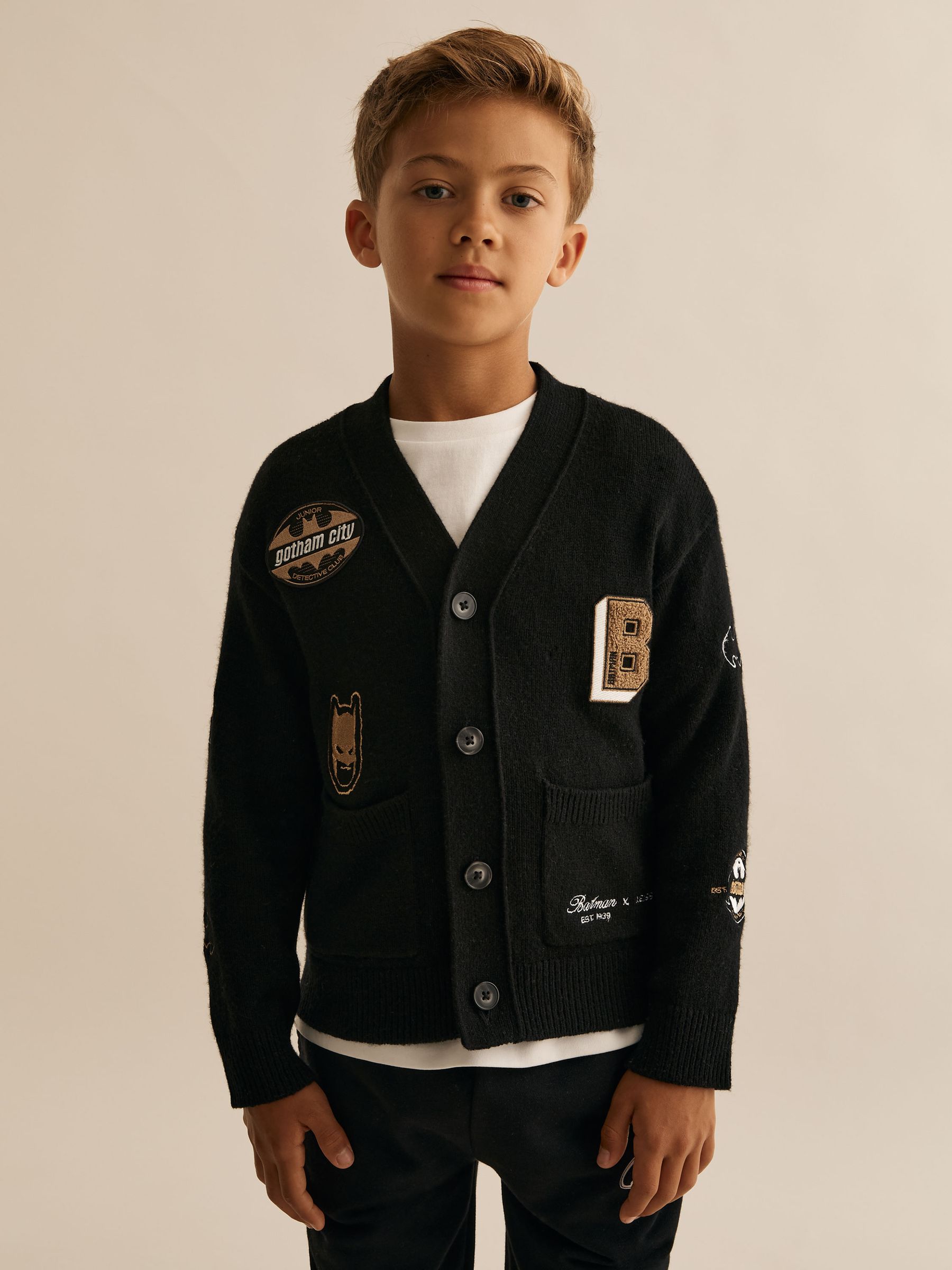 3-9 yrs Batman | Reiss Badge Cardigan in Black - Image 3 of 4
