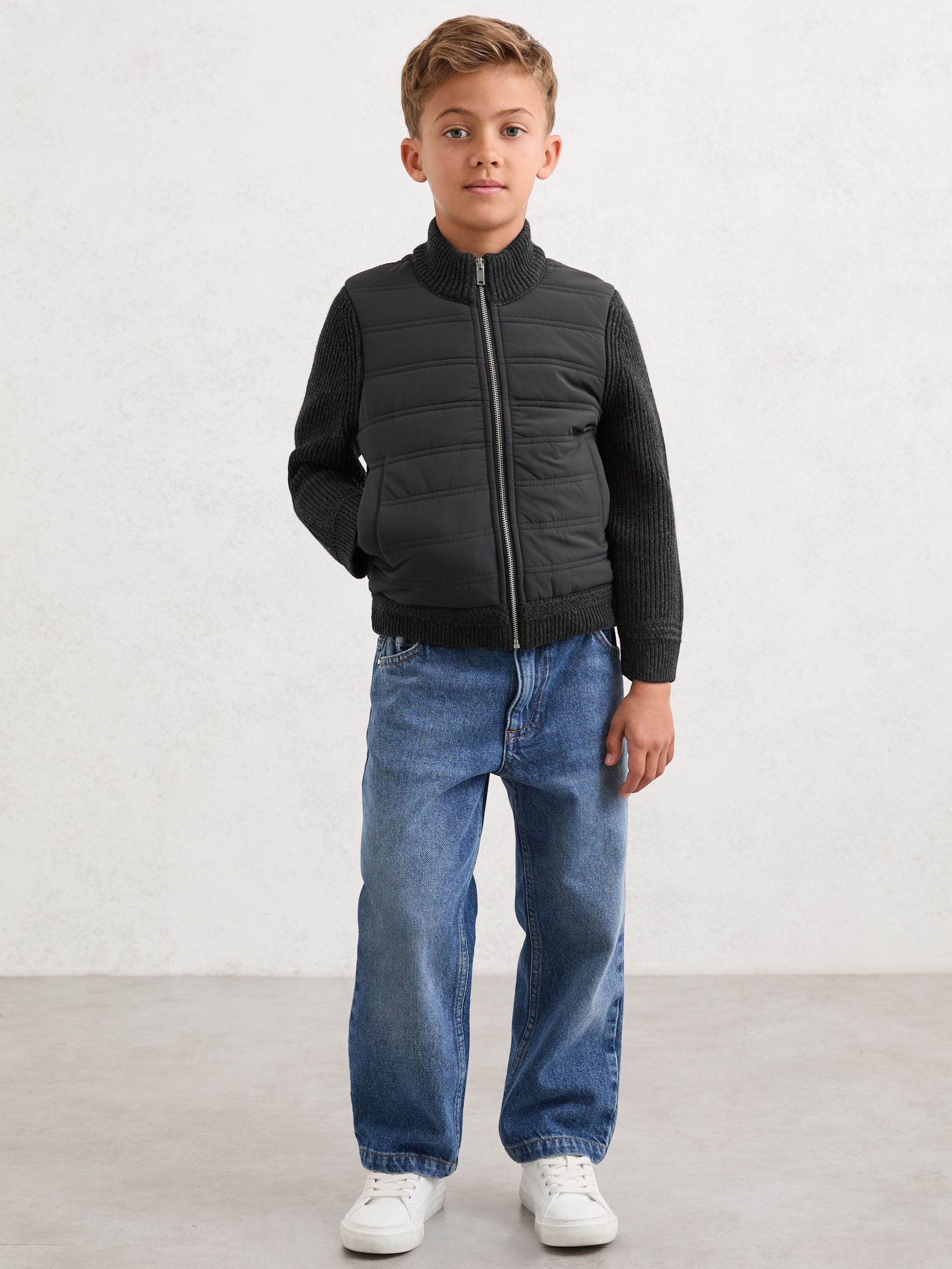 13-14 yrs Hybrid Quilt and Knit Zip-Through Jacket in Charcoal Melange - Image 2 of 4