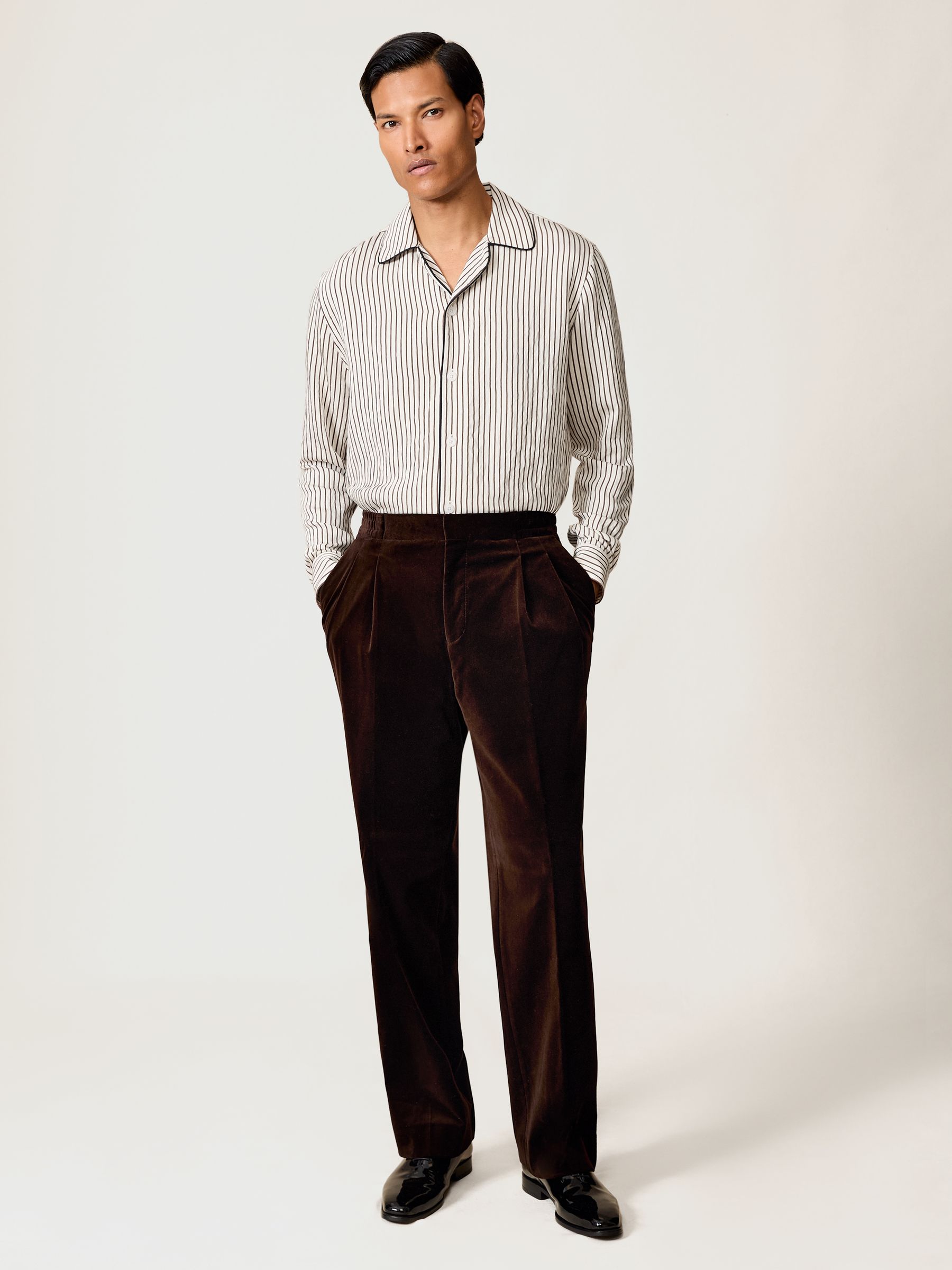 Stripe Cuban-Collar Piped Shirt in White/Brown - Image 1 of 8
