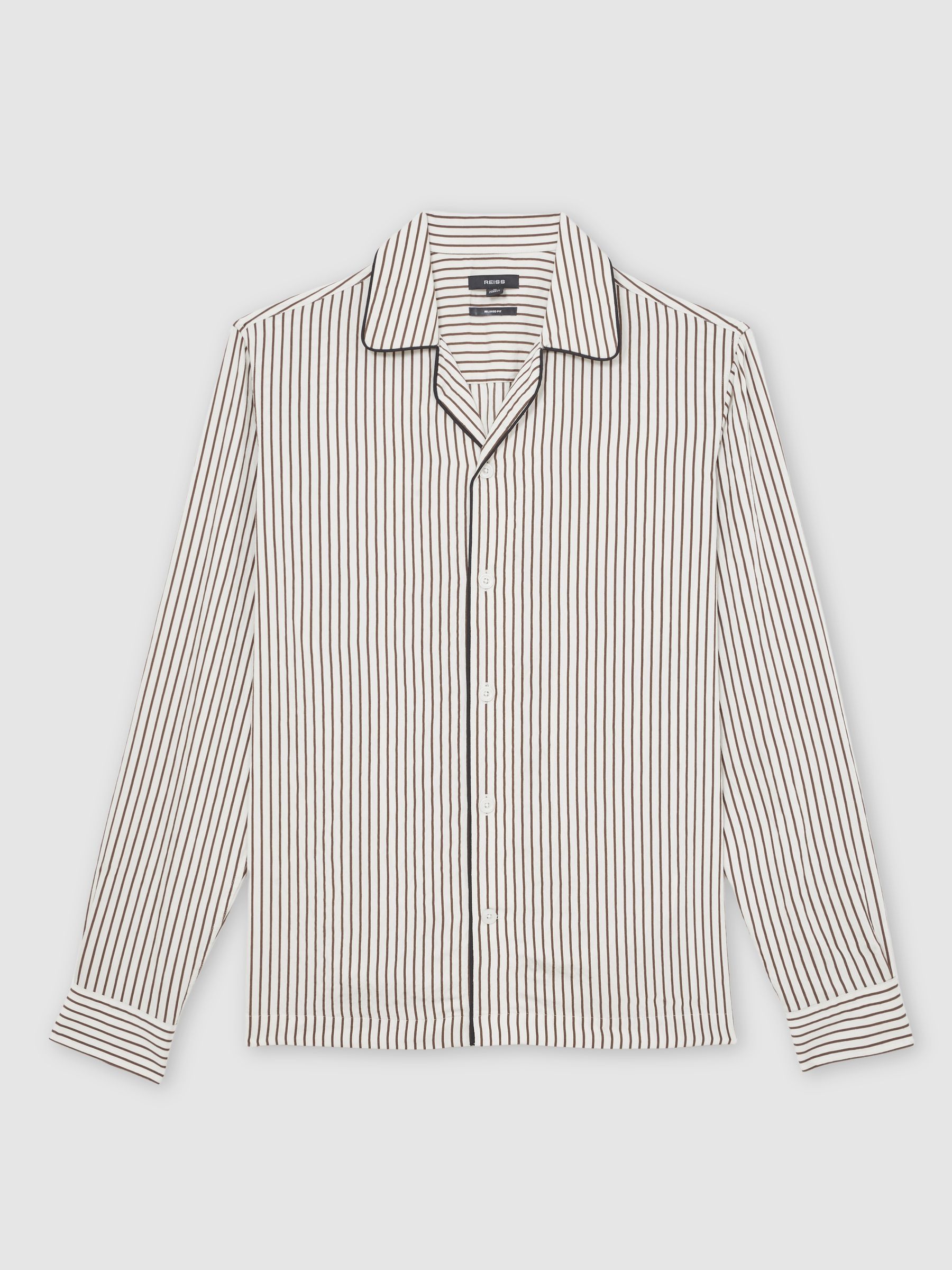 Stripe Cuban-Collar Piped Shirt in White/Brown - Image 2 of 8
