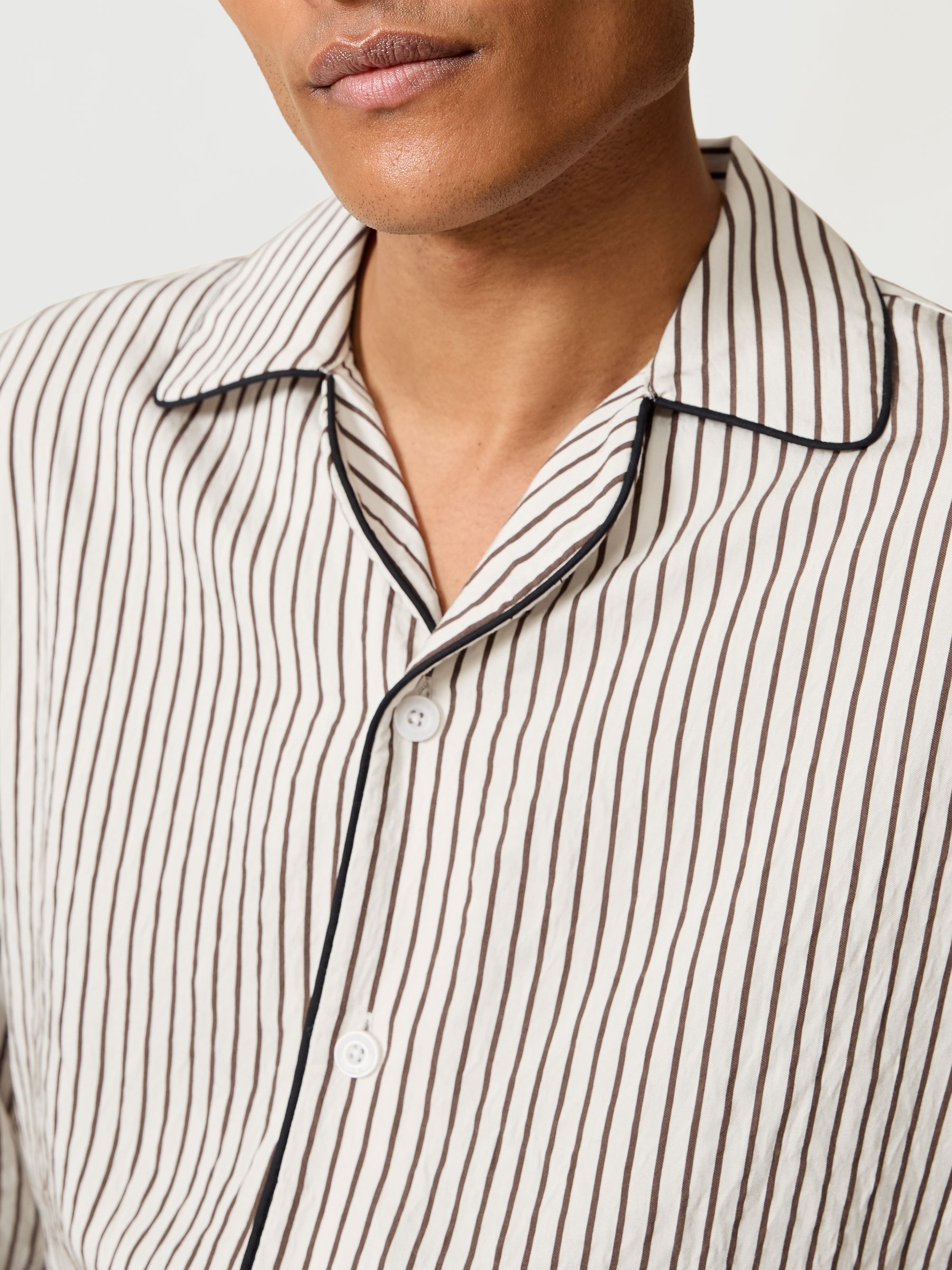 Stripe Cuban-Collar Piped Shirt in White/Brown - Image 3 of 8