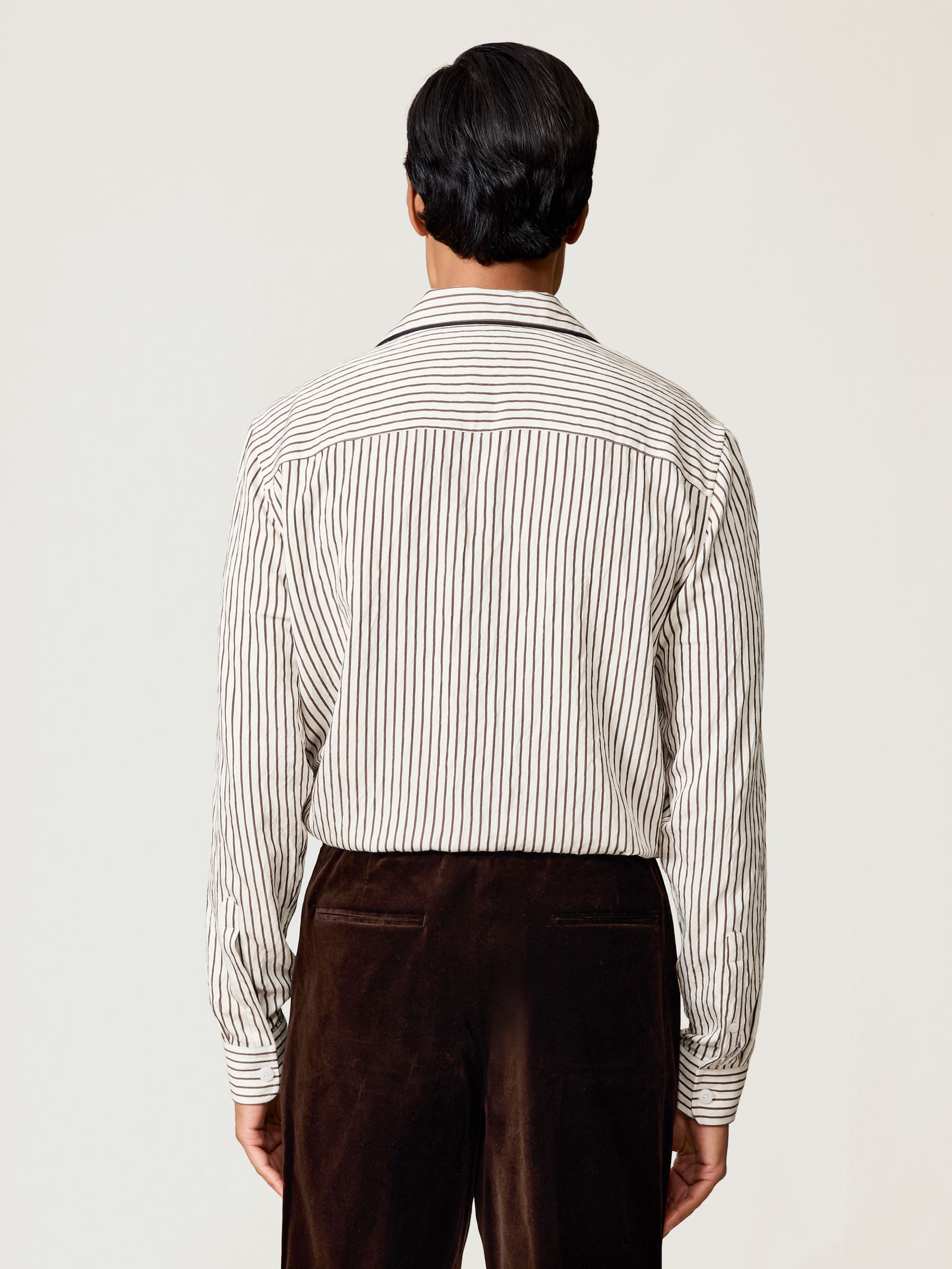 Stripe Cuban-Collar Piped Shirt in White/Brown - Image 5 of 8