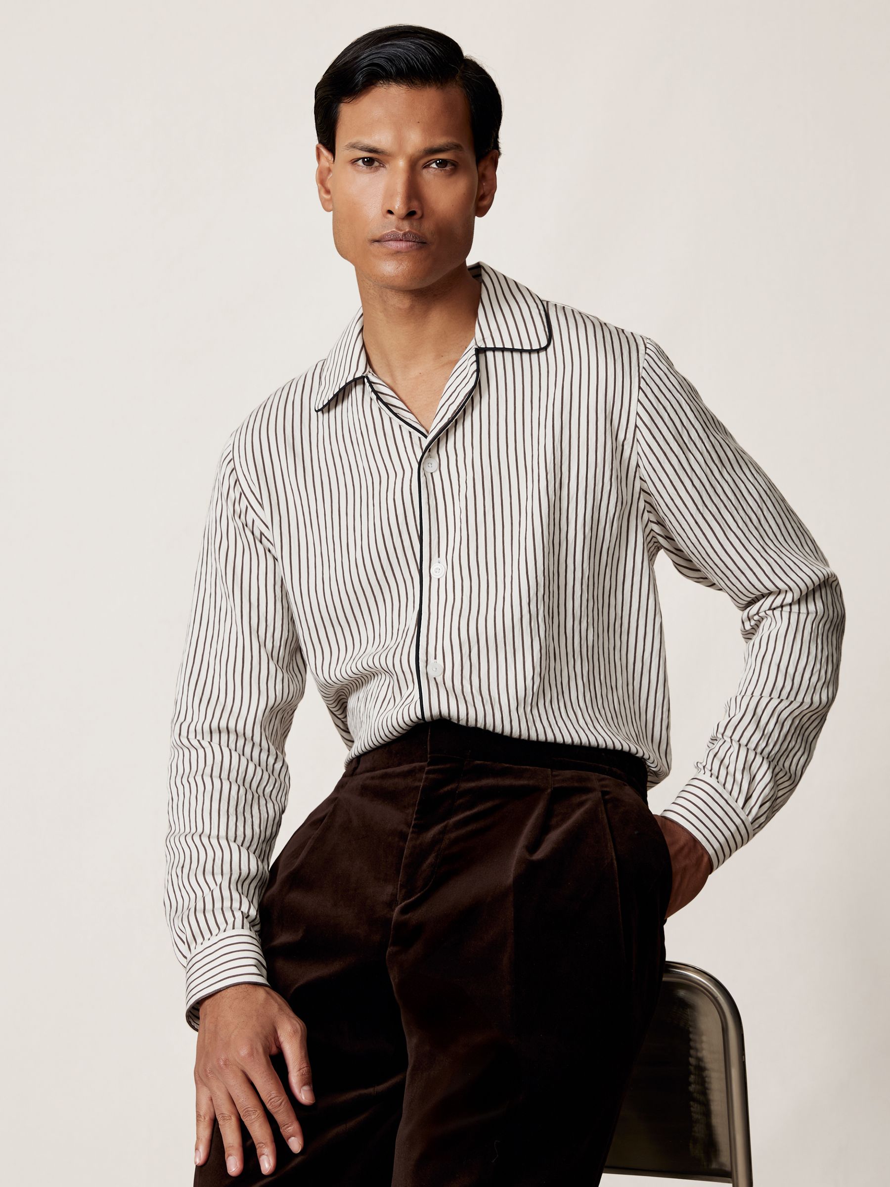 Stripe Cuban-Collar Piped Shirt in White/Brown - image 4