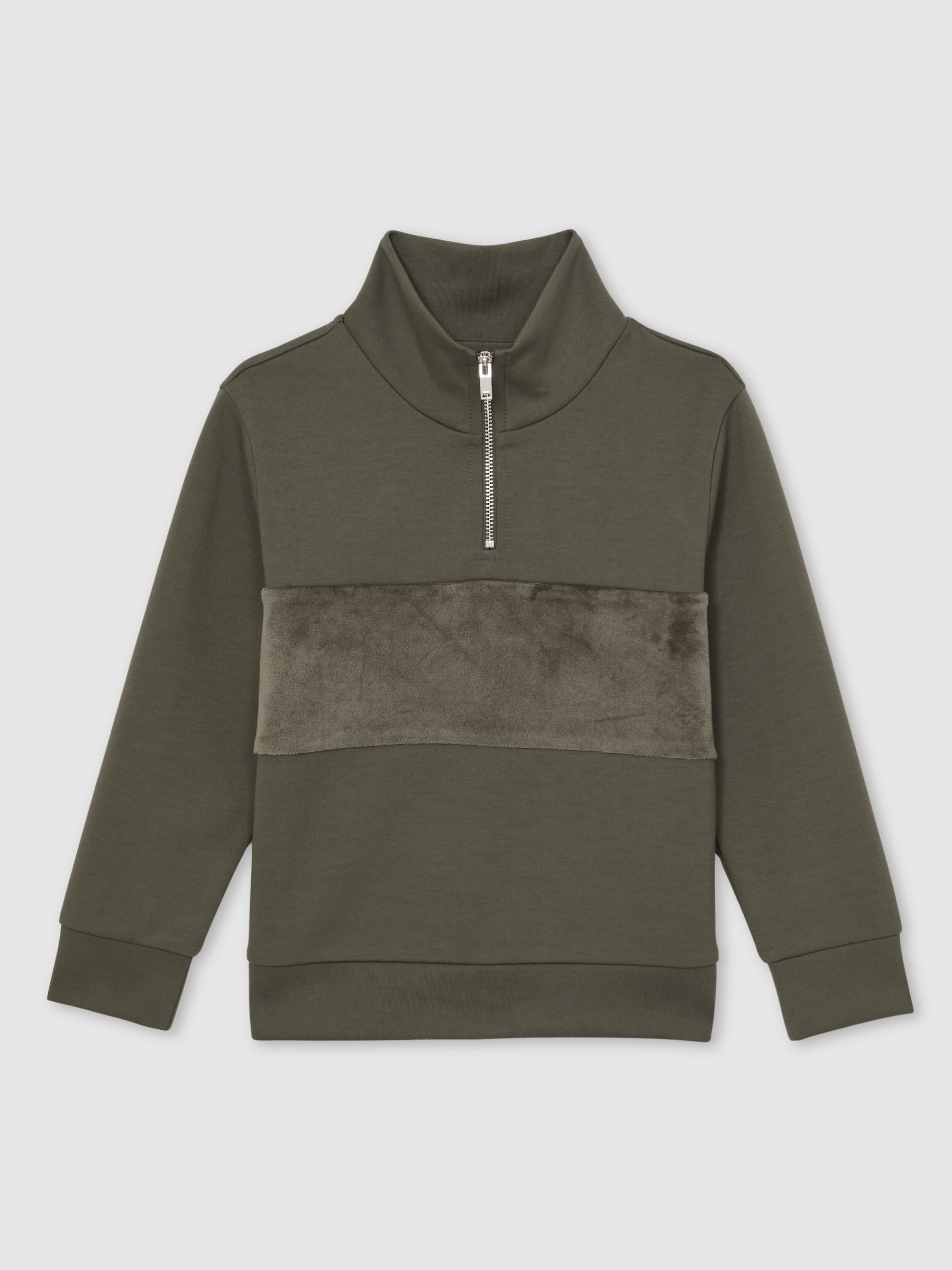 3-9 yrs Slim Fit Half-Zip Funnel Neck Velour Sweatshirt in Dark Sage Green - Image 2 of 4