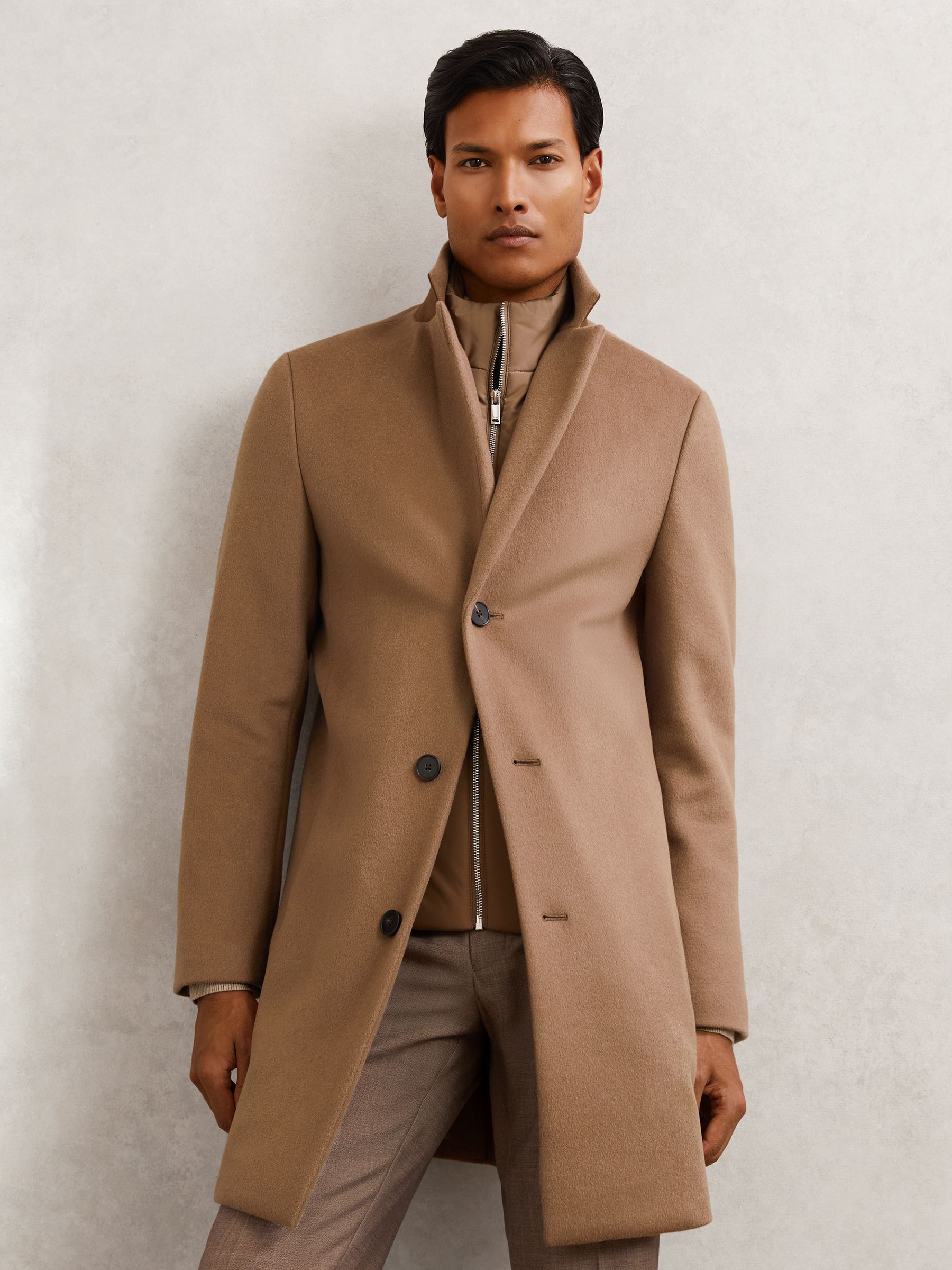 Wool-Blend Internal-Gilet Overcoat in Light Brown - Image 1 of 8
