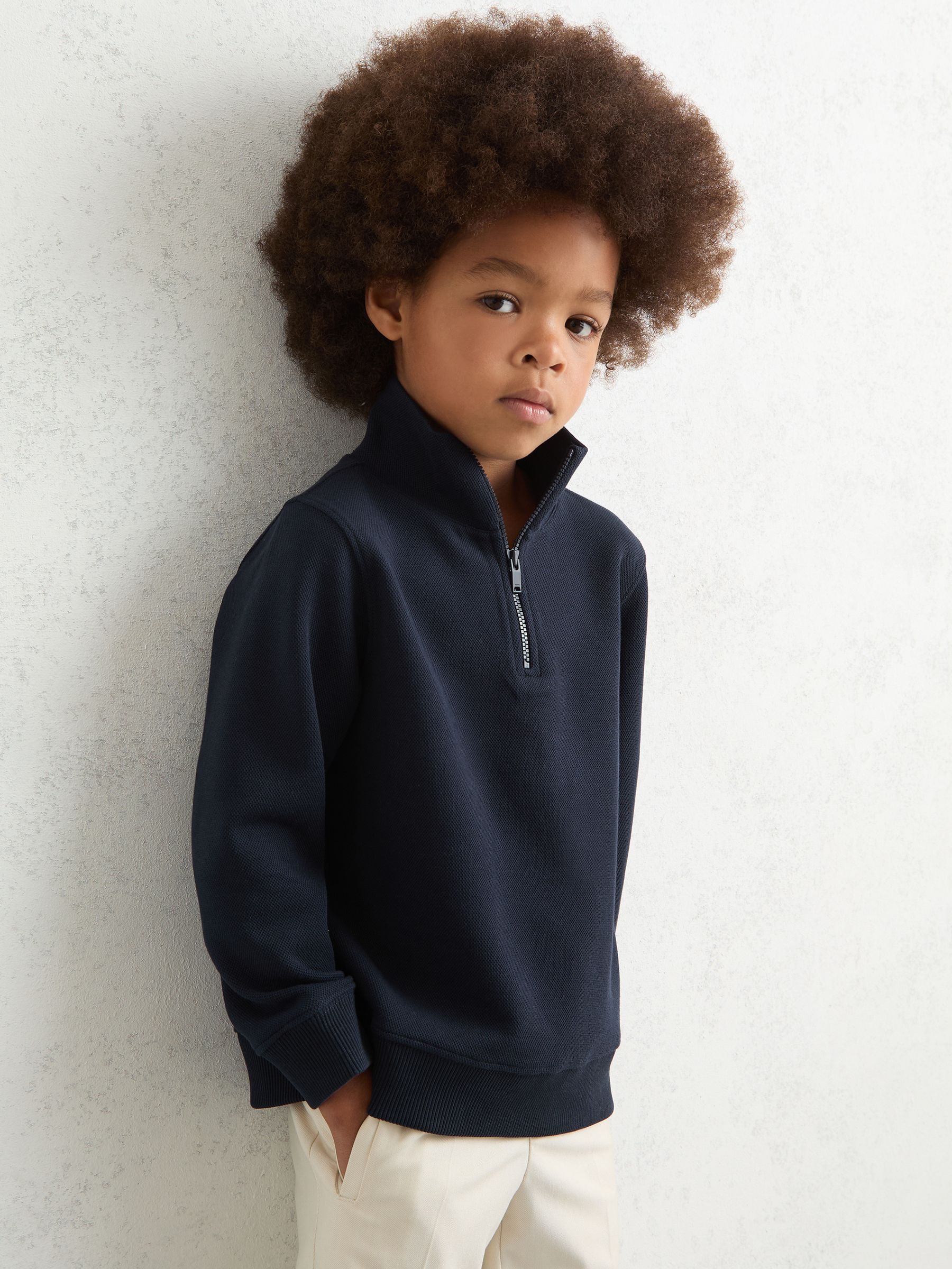 3-9 yrs Textured Half-Zip Sweatshirt with Cotton in Navy - Image 1 of 4