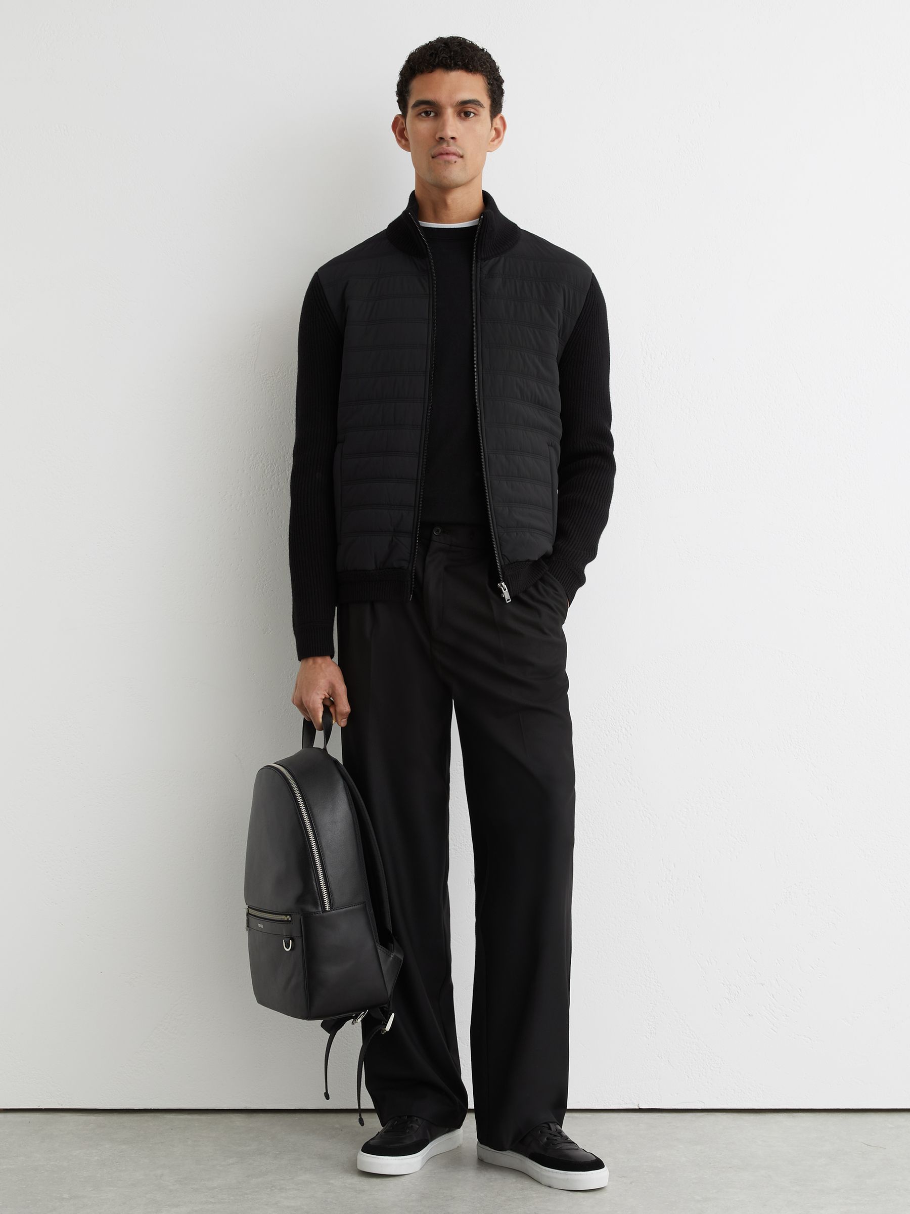 Reiss Quilted Rib-Knit Funnel-Neck Jacket in Black | REISS