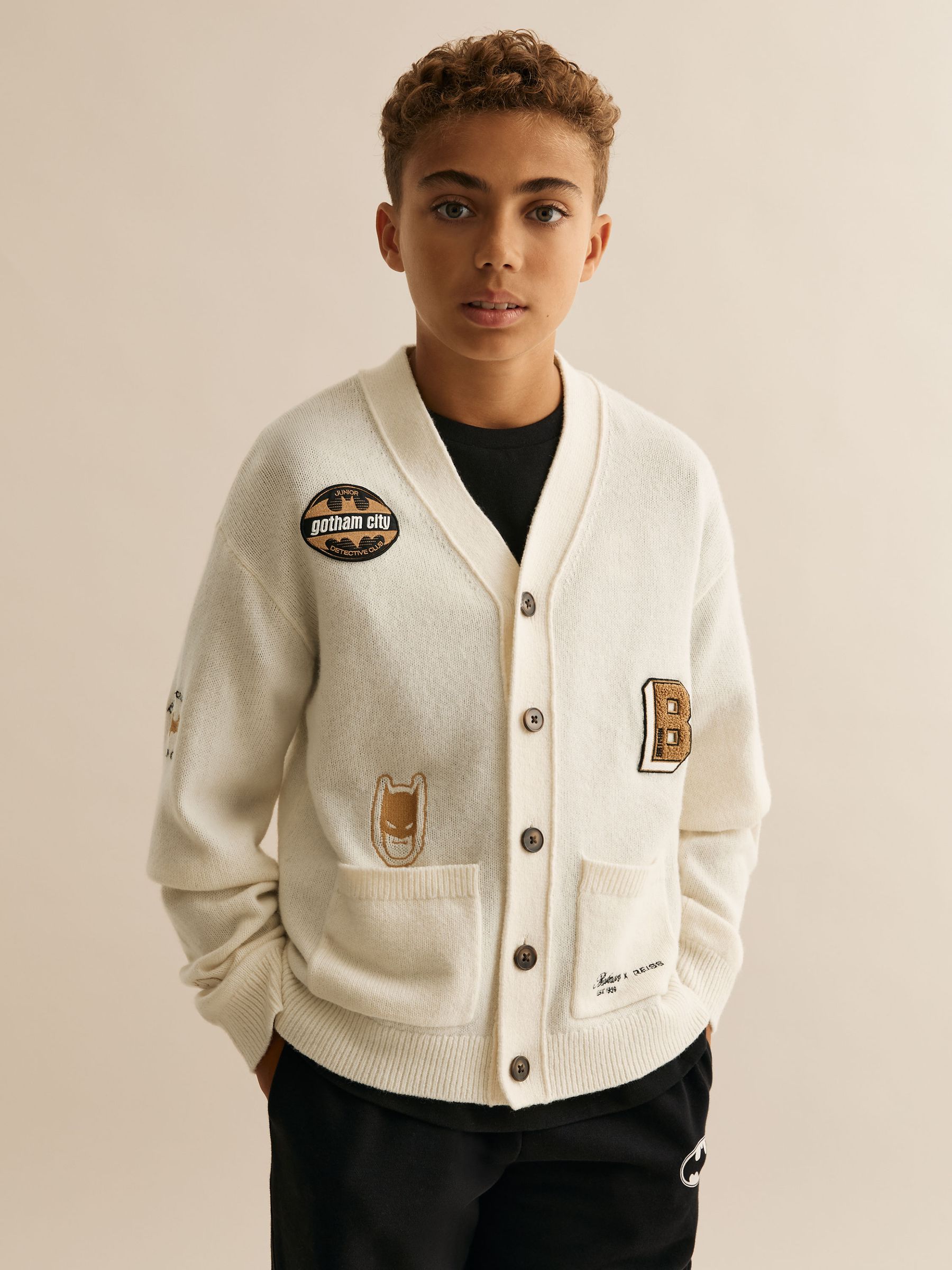 13-14 yrs Batman | Reiss Badge Cardigan in Off White - Image 3 of 4