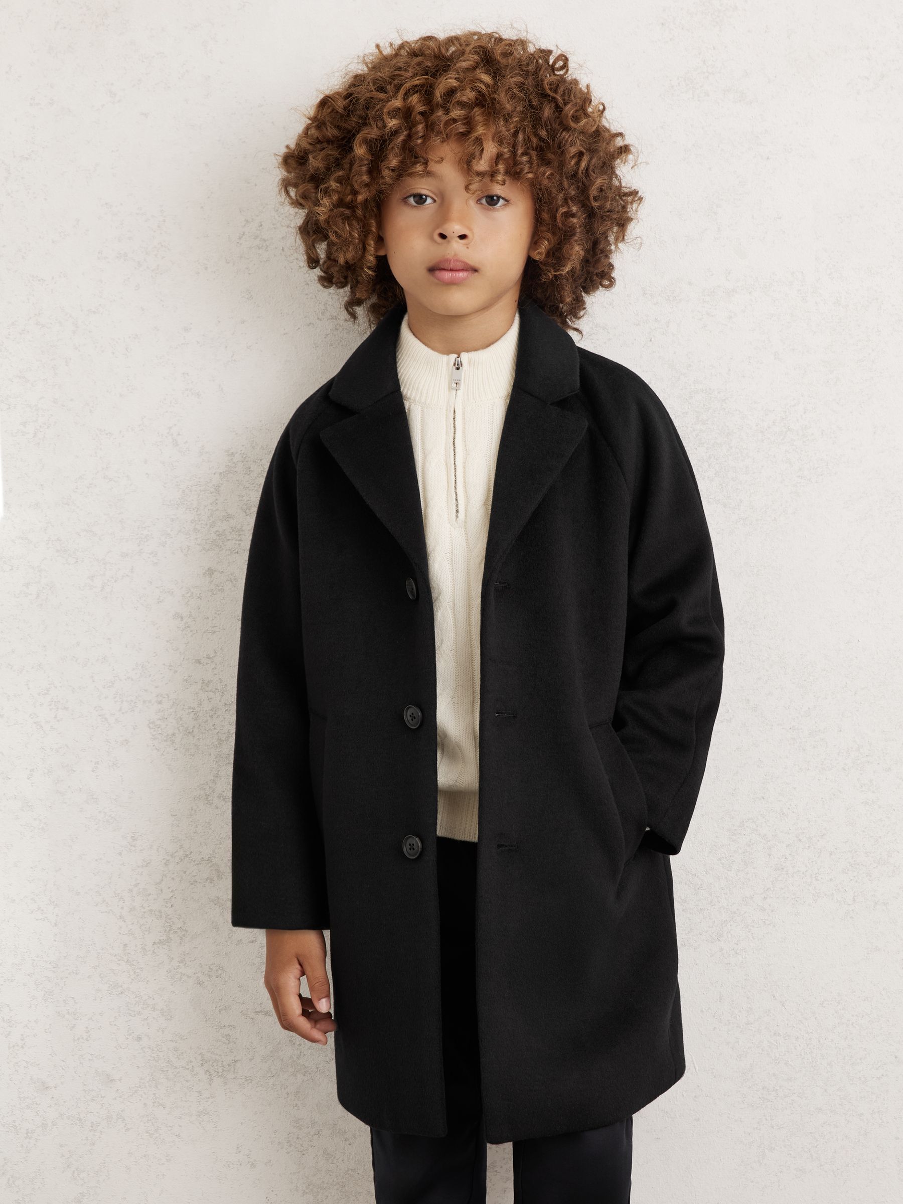 9-13 yrs Wool-Blend Raglan-Sleeve Overcoat in Black - Image 3 of 4