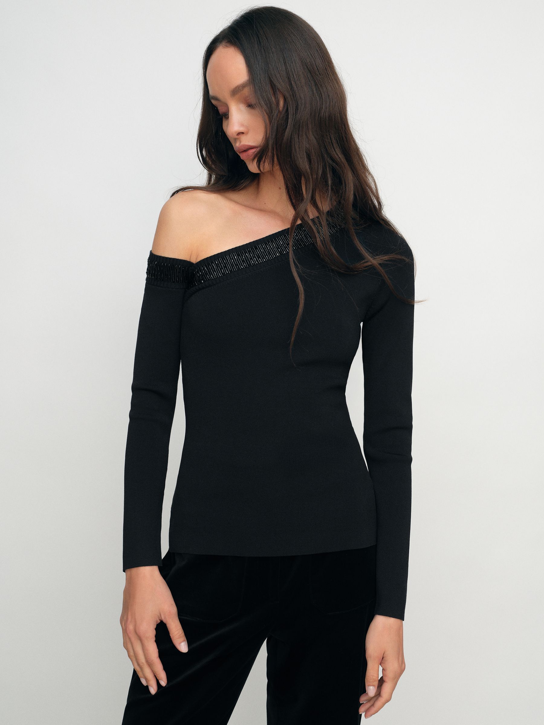 Bead-Detail Off-Shoulder Knit Top in Black - image 5