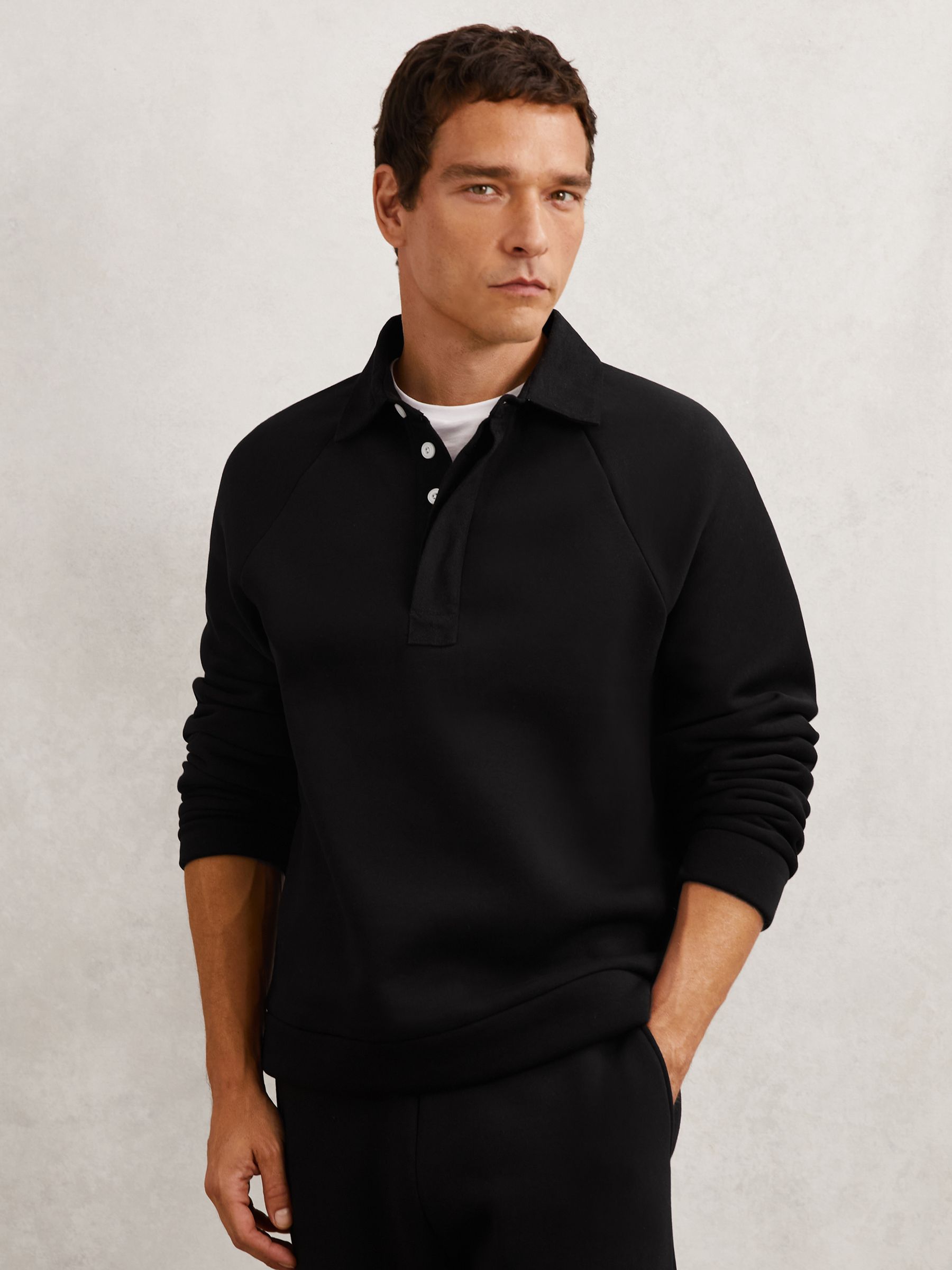 Cotton-Blend Fleece-Back Polo Shirt in Black - Image 1 of 6