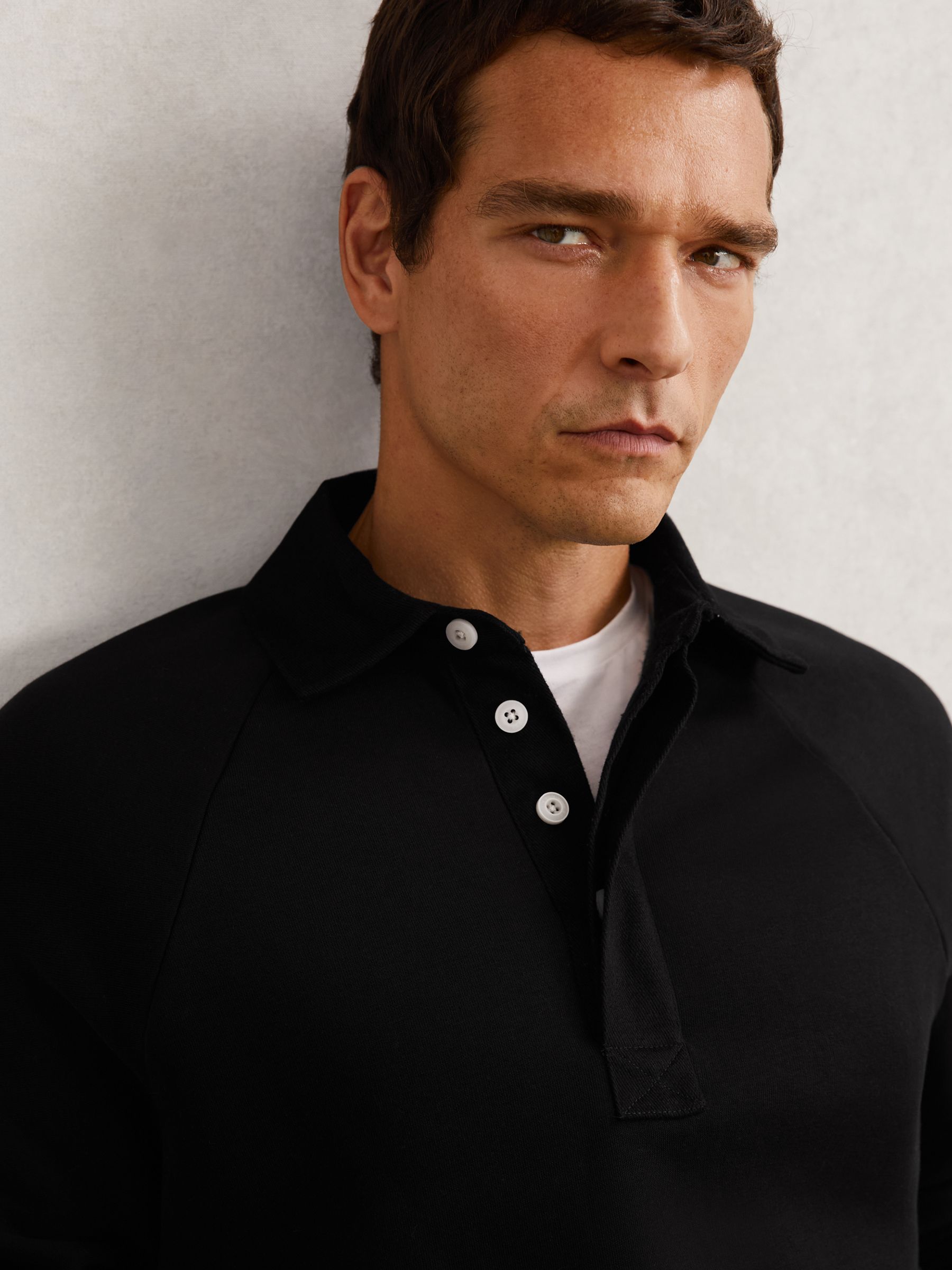Cotton-Blend Fleece-Back Polo Shirt in Black - Image 3 of 6
