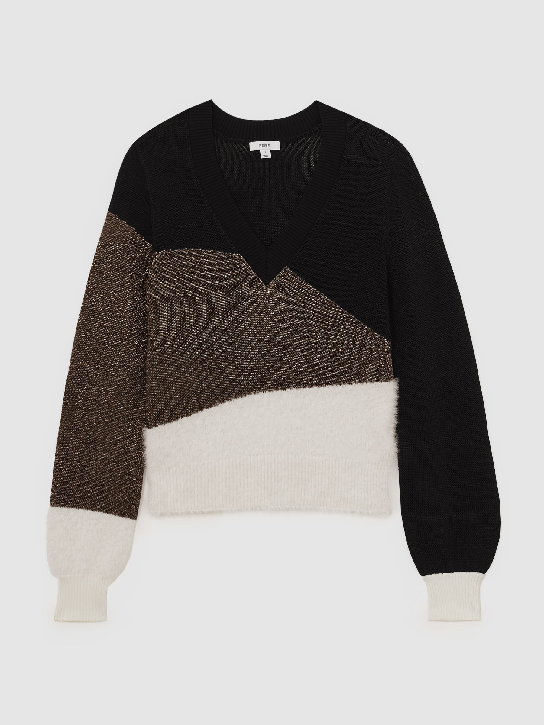 Metallic-Knit Panelled V-Neck Jumper in Black/White/Metallic - image 1