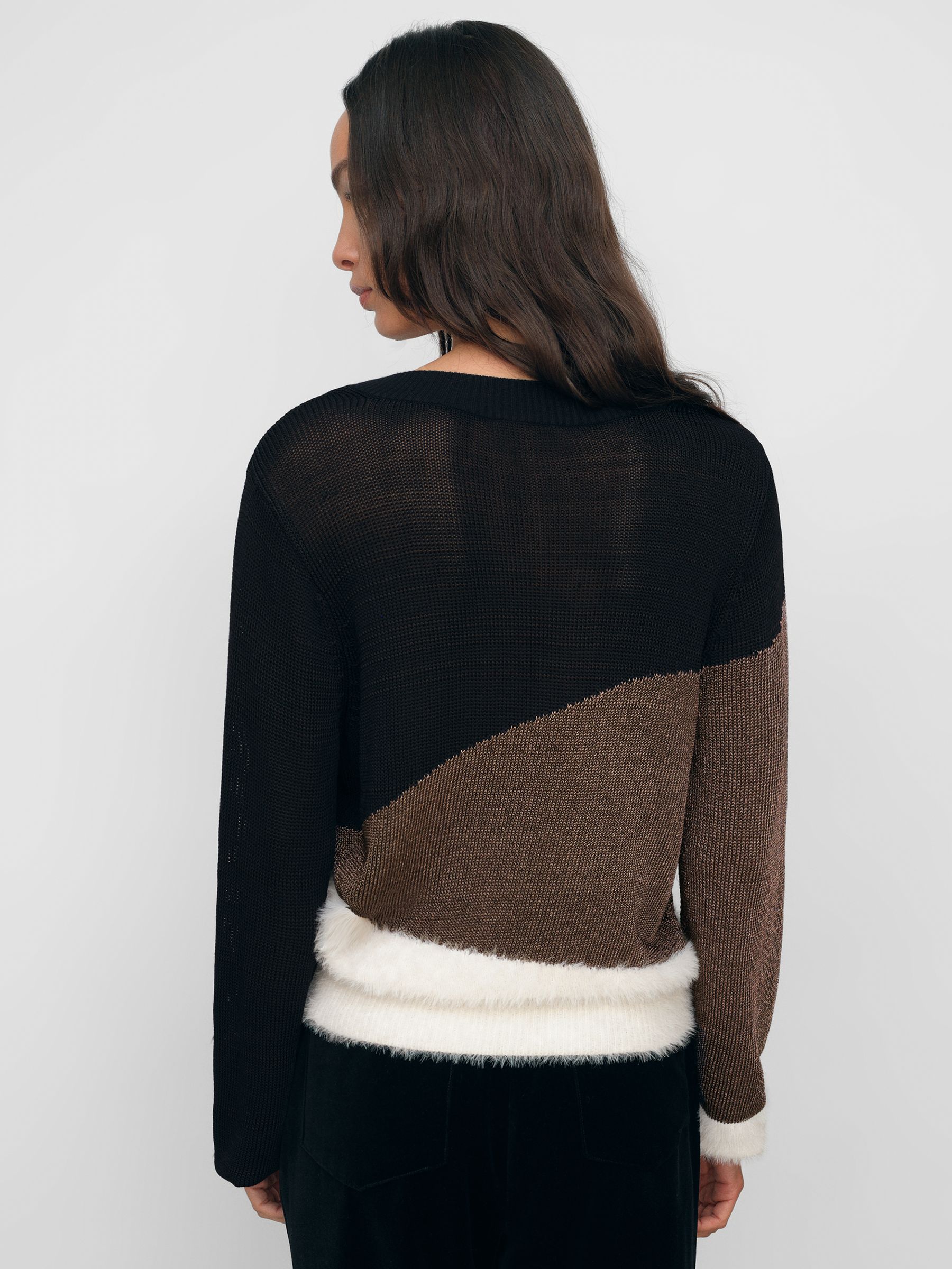 Metallic-Knit Panelled V-Neck Jumper in Black/White/Metallic - image 4