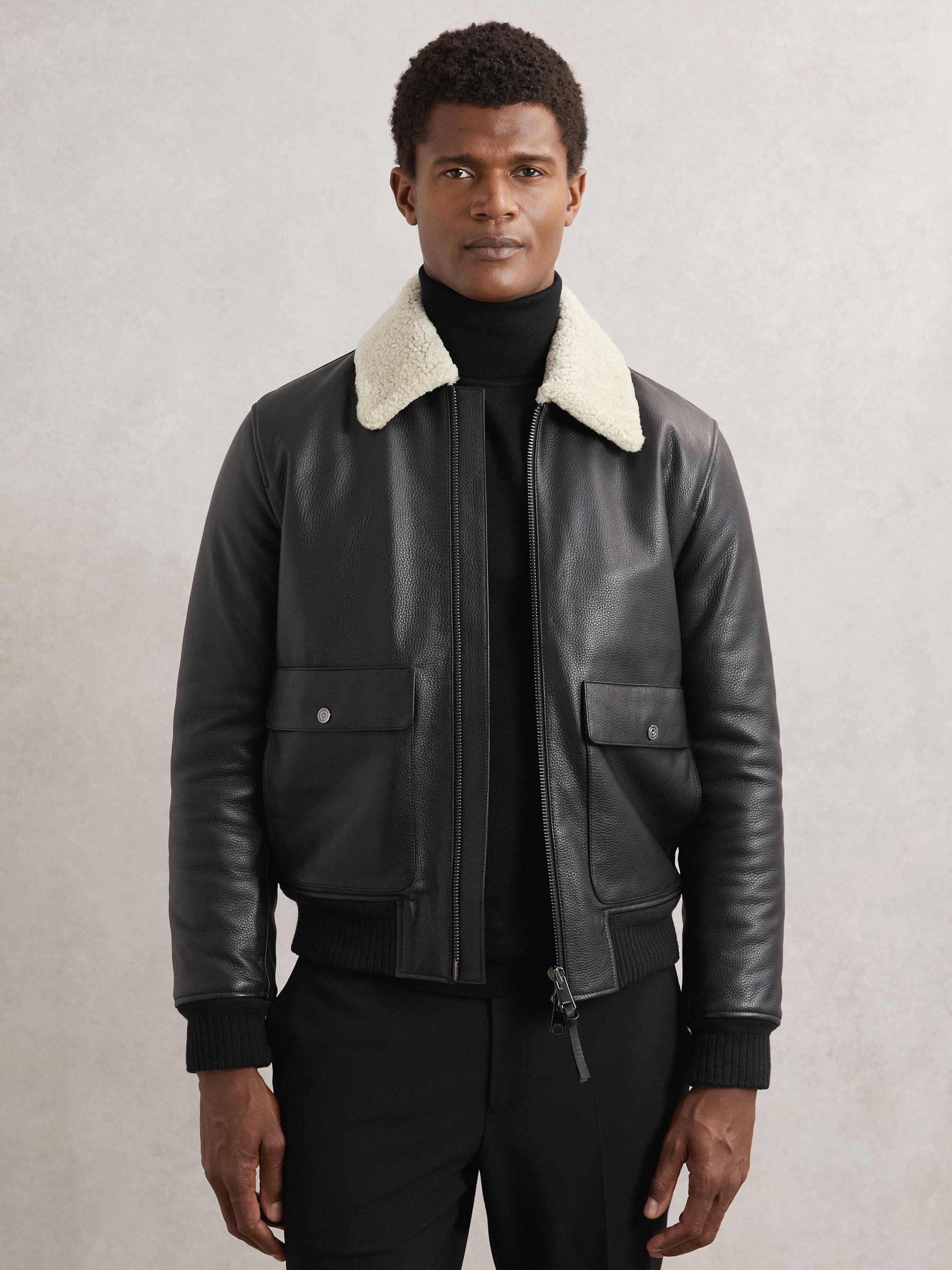 Leather Shearling-Collar Bomber Jacket in Black - Image 1 of 6