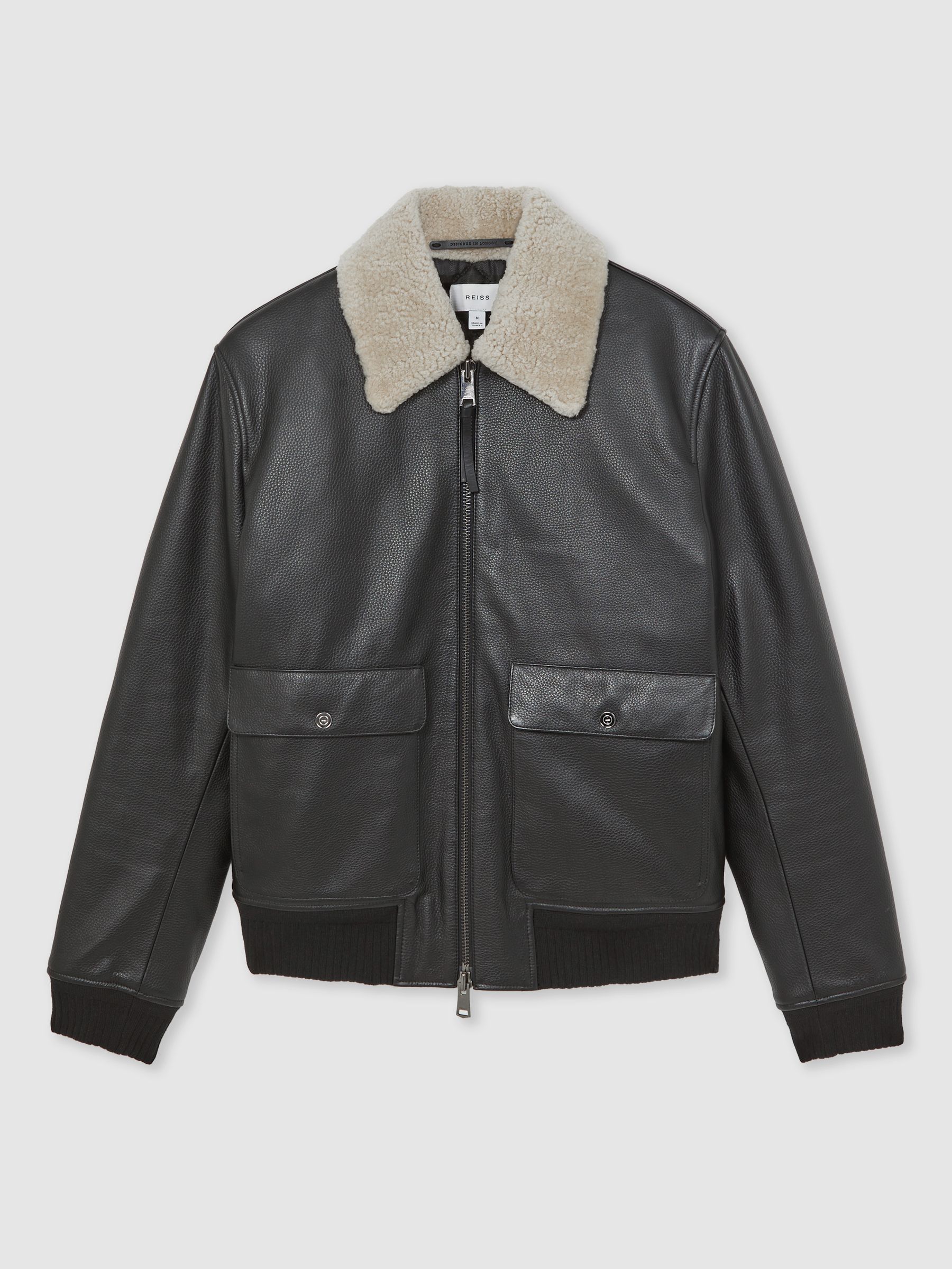 Leather Shearling-Collar Bomber Jacket in Black - Image 2 of 6