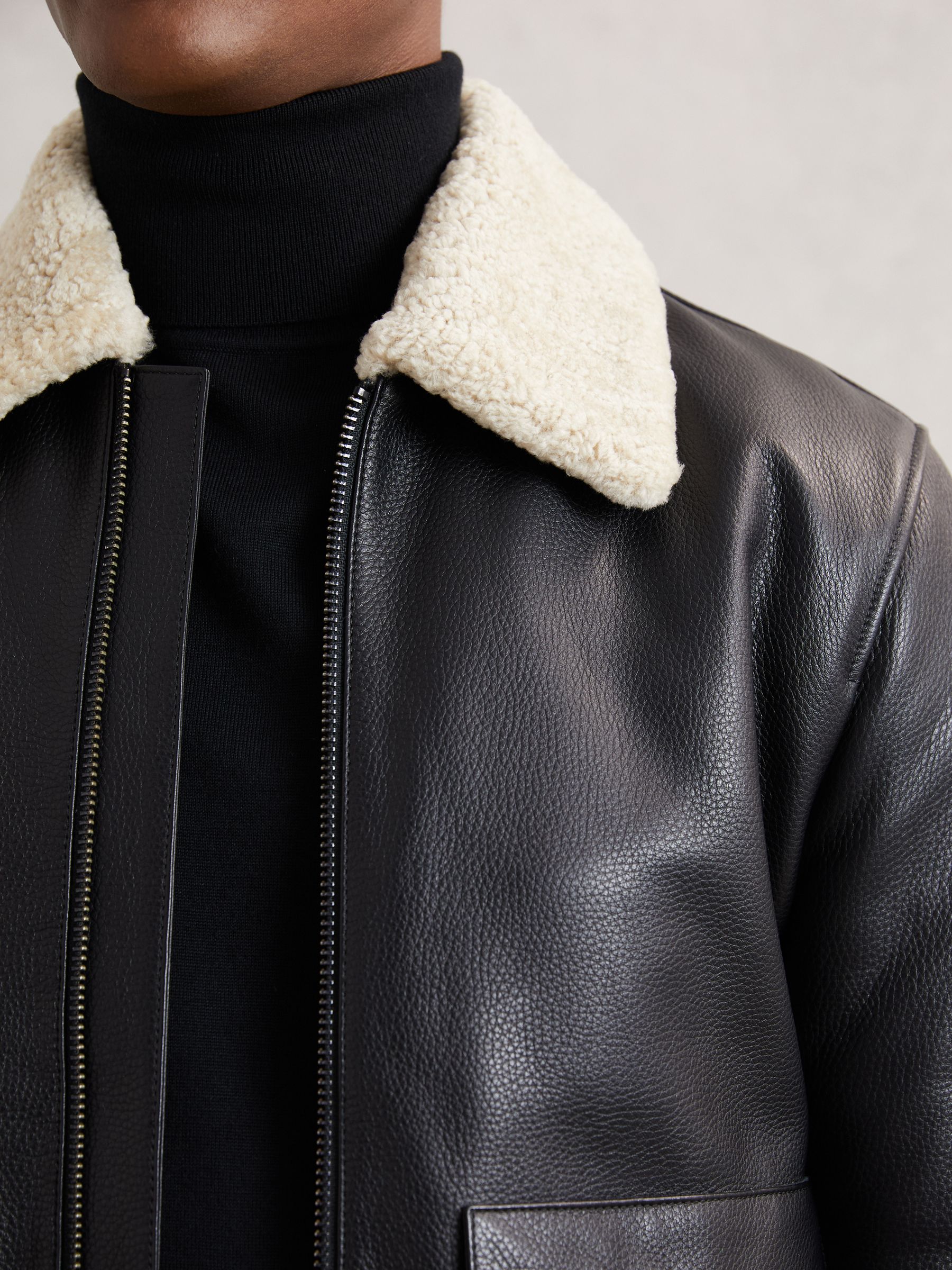 Leather Shearling-Collar Bomber Jacket in Black - Image 3 of 6