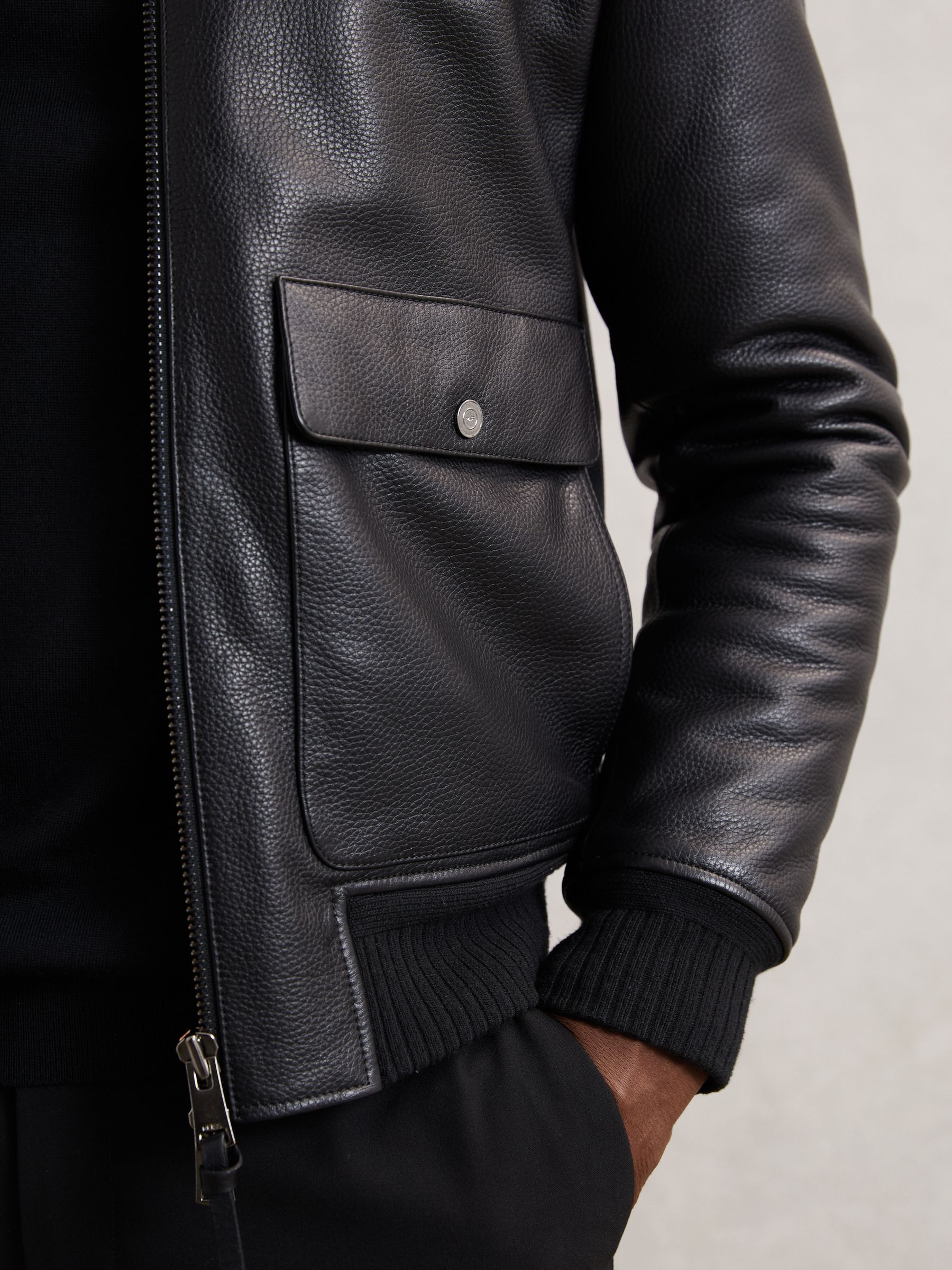 Leather Shearling-Collar Bomber Jacket in Black - image 5