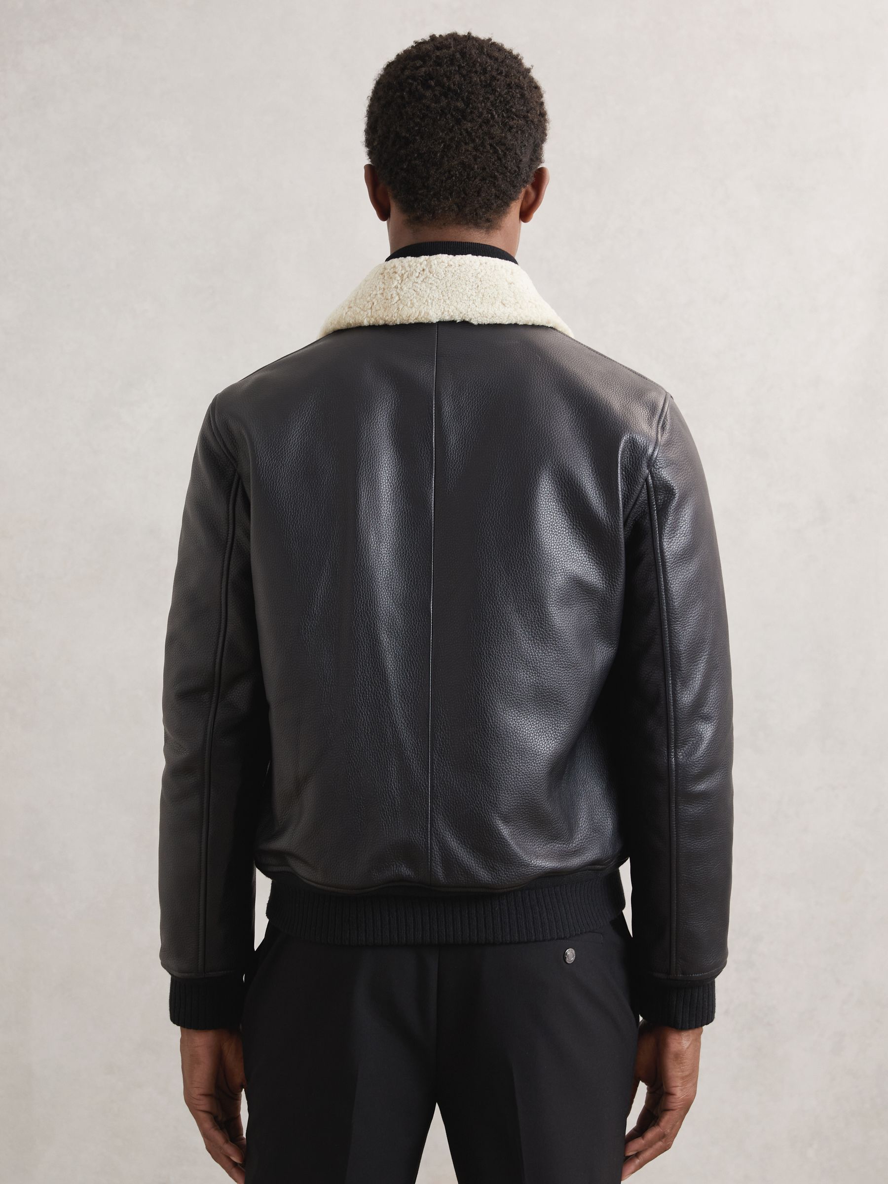 Leather Shearling-Collar Bomber Jacket in Black - image 3