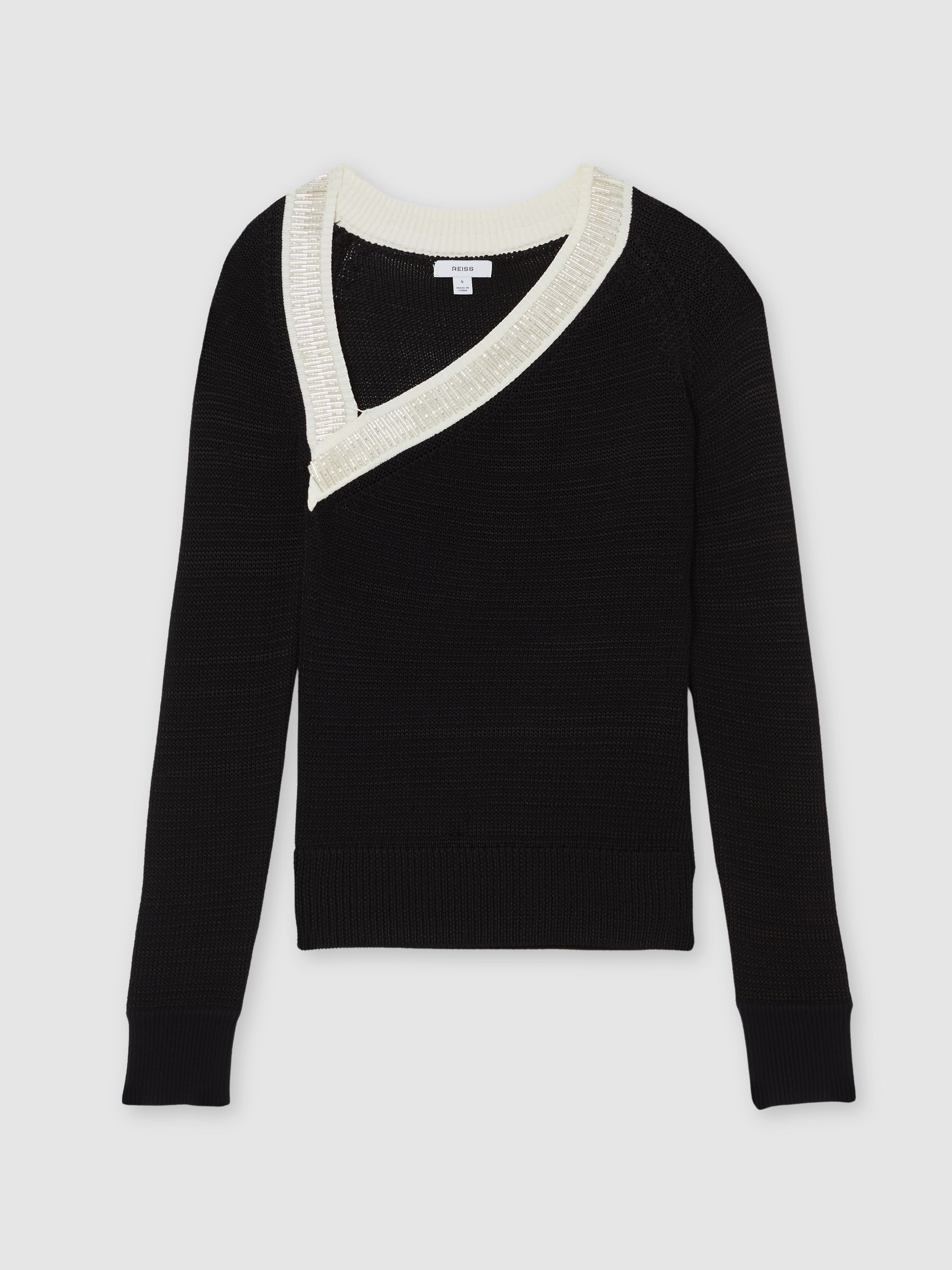 Bead-Detail Asymmetric Knit Jumper in Black/White - Image 2 of 6