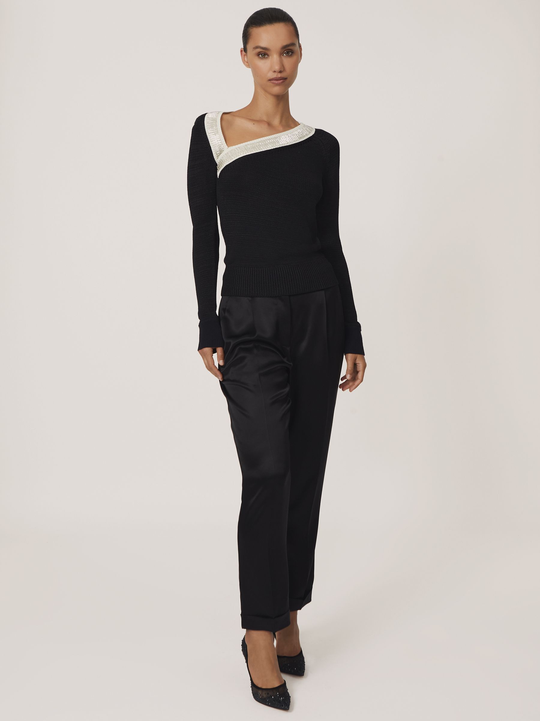 Bead-Detail Asymmetric Knit Jumper in Black/White - image 3