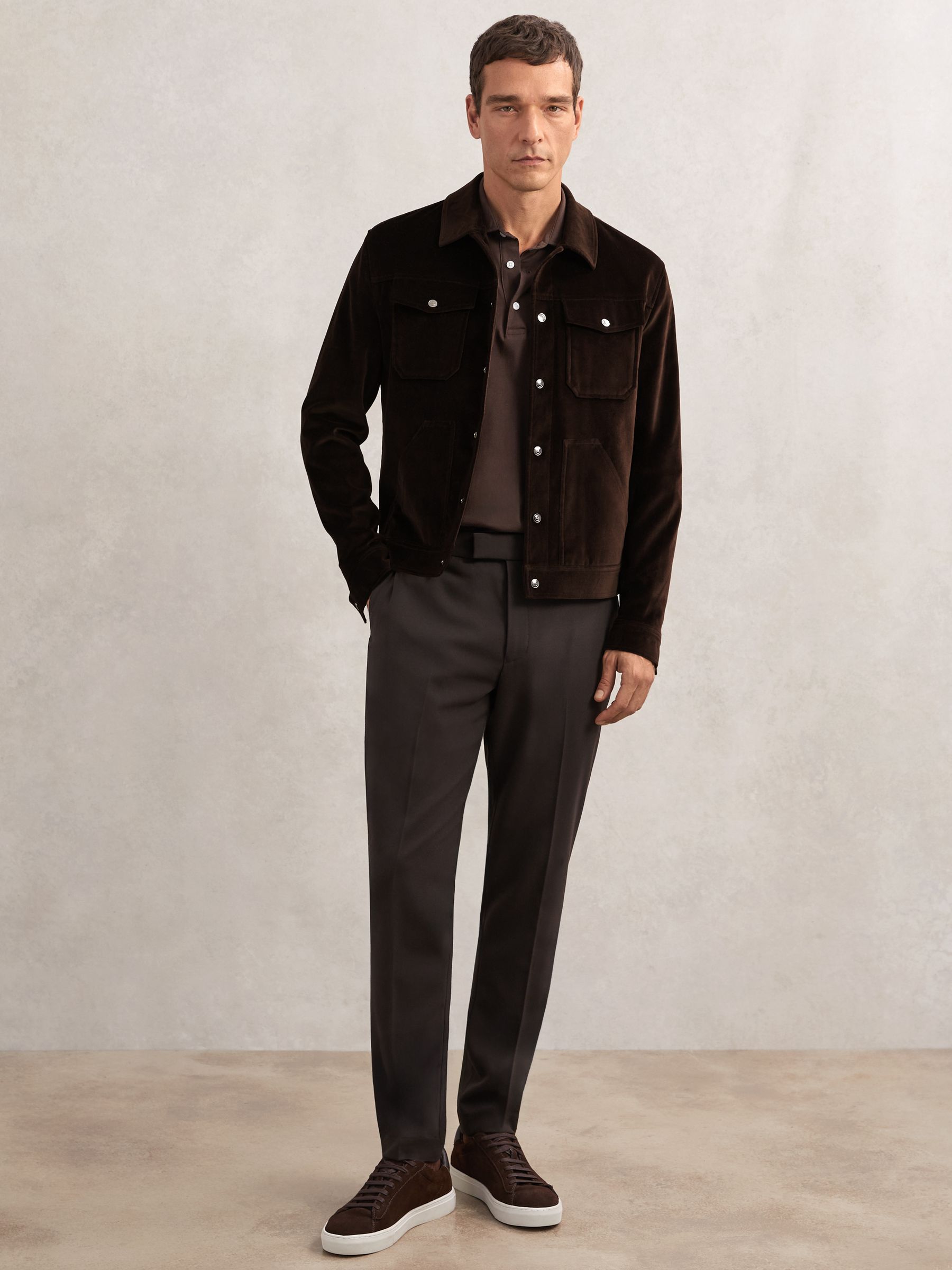 Velvet Press-Stud Trucker Jacket in Chocolate Brown - Image 3 of 6