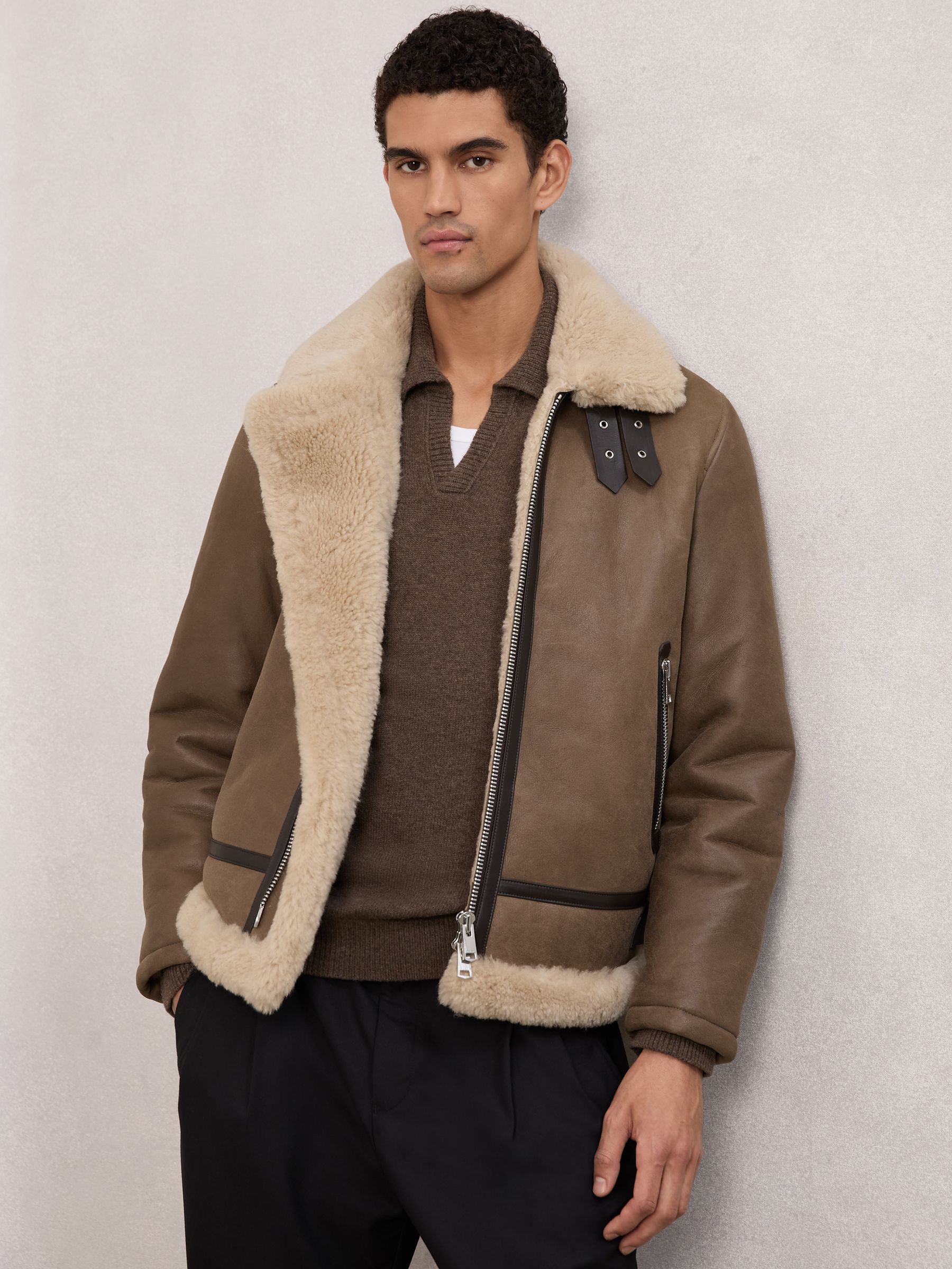 Lederjacke mit Shearling-Kragen in Hellbraun - Bild 1 von 7