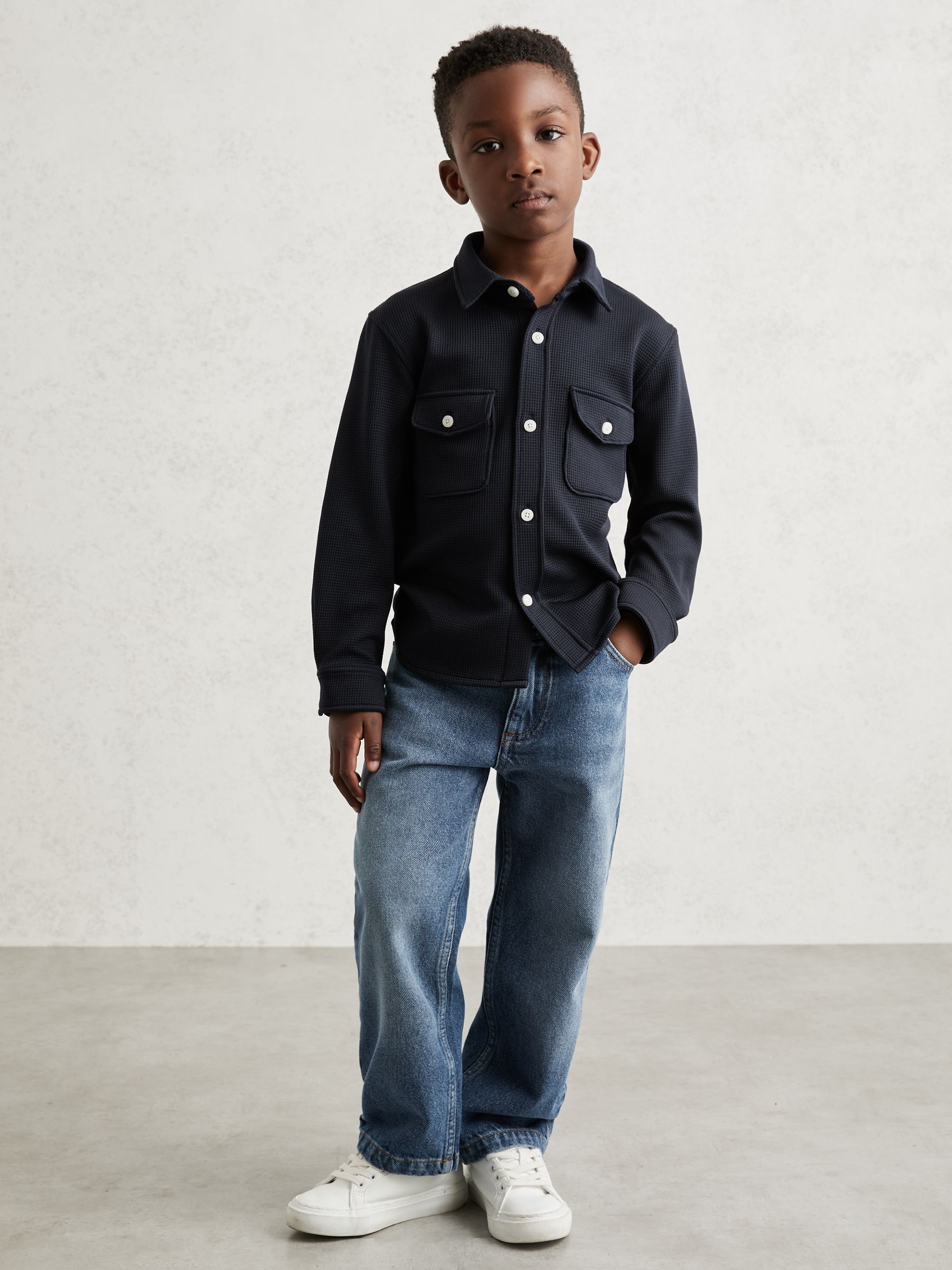 3-9 yrs Waffle-Textured Twin-Pocket Overshirt in Navy - Image 1 of 4 3-9 yrs Waffle-Textured Twin-Pocket Overshirt in Navy - Image 1 of 4