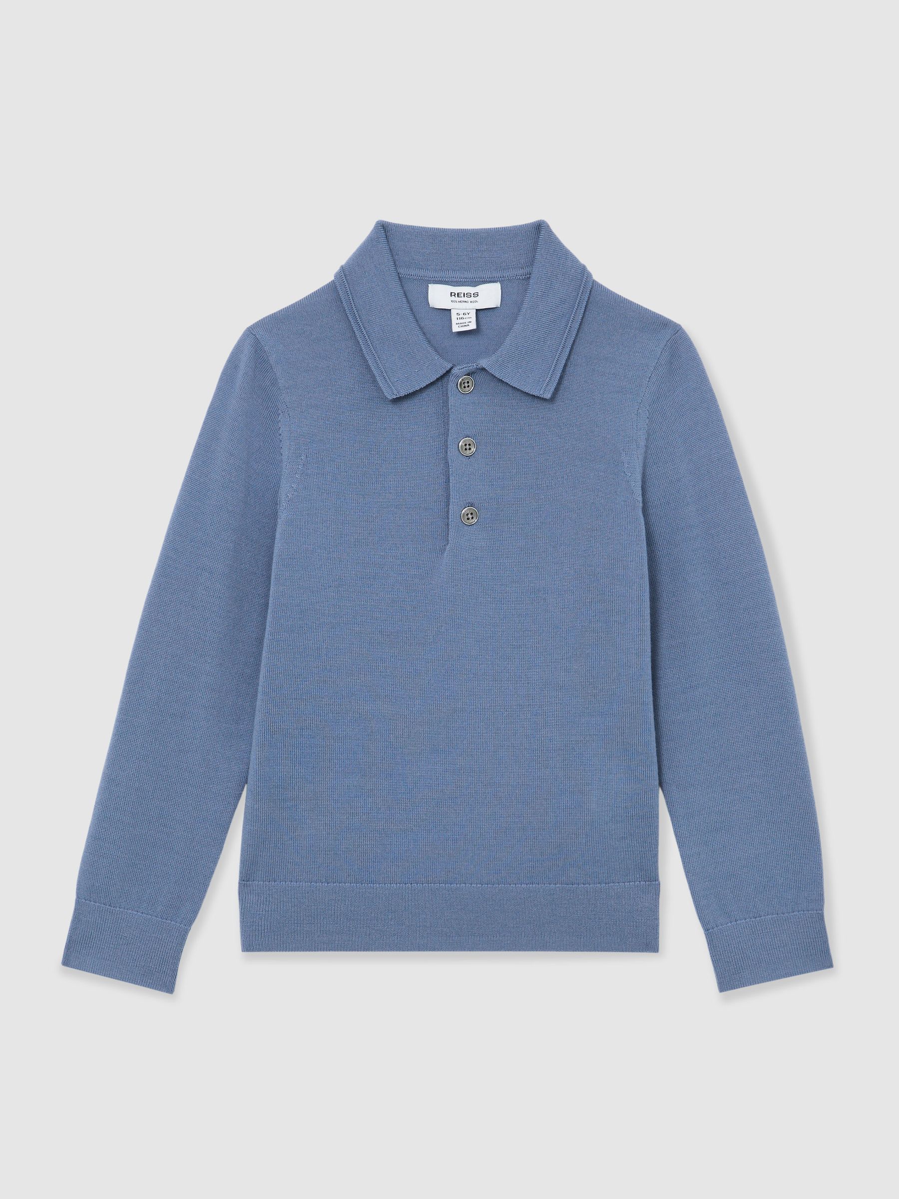 Merino Wool Long-Sleeve Polo Shirt in Nordic Blue - Image 2 of 5