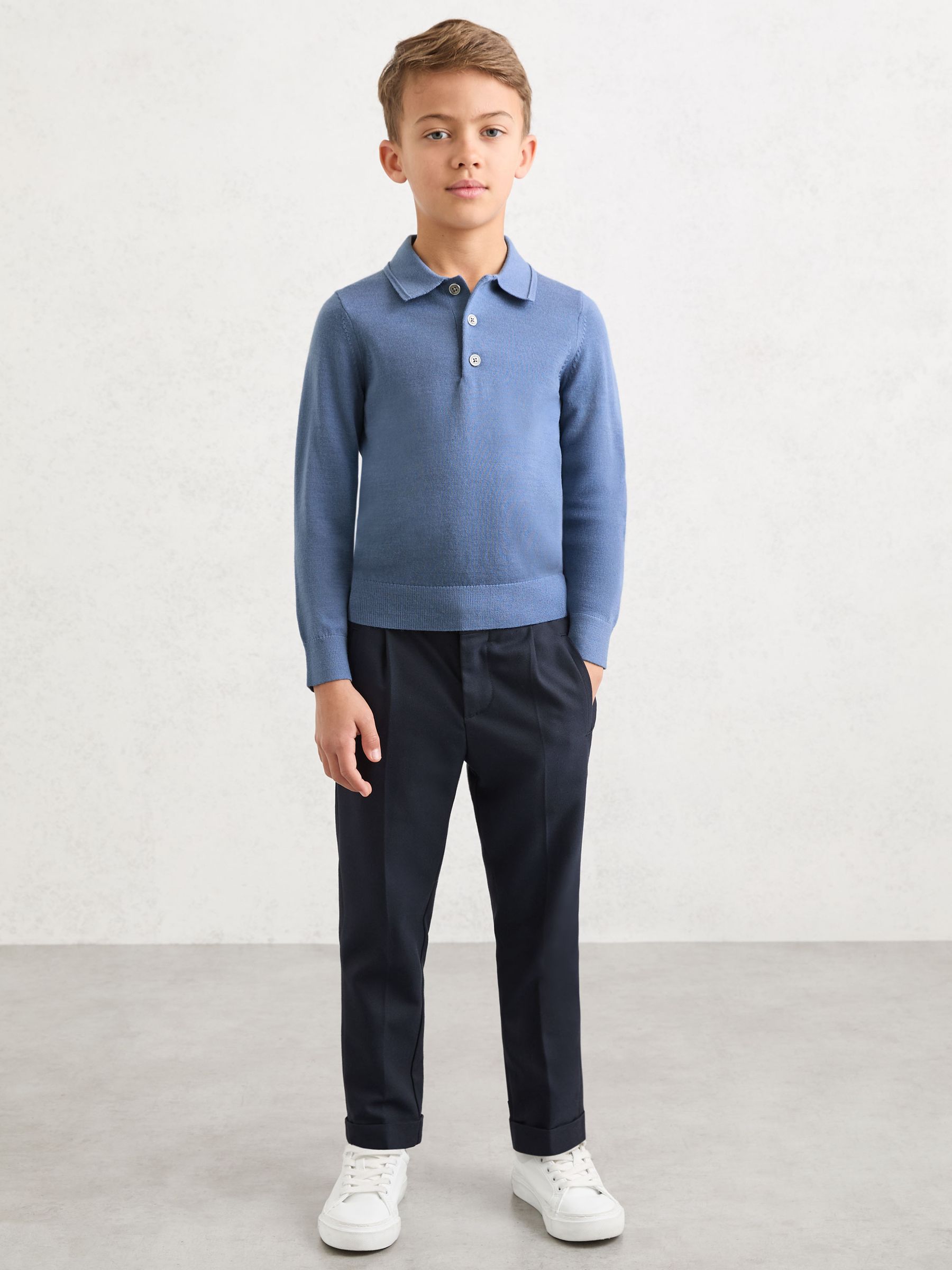 Merino Wool Long-Sleeve Polo Shirt in Nordic Blue - Image 3 of 5