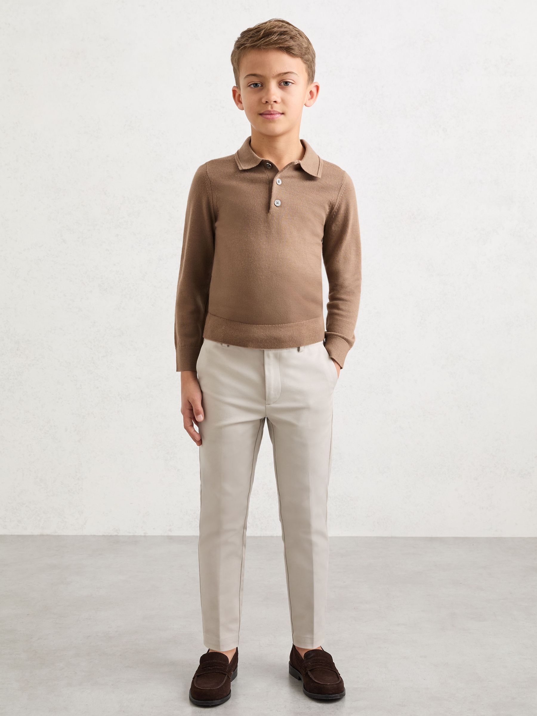Merino Wool Long-Sleeve Polo Shirt in Camel Brown - Image 1 of 5 Merino Wool Long-Sleeve Polo Shirt in Camel Brown - Image 1 of 5