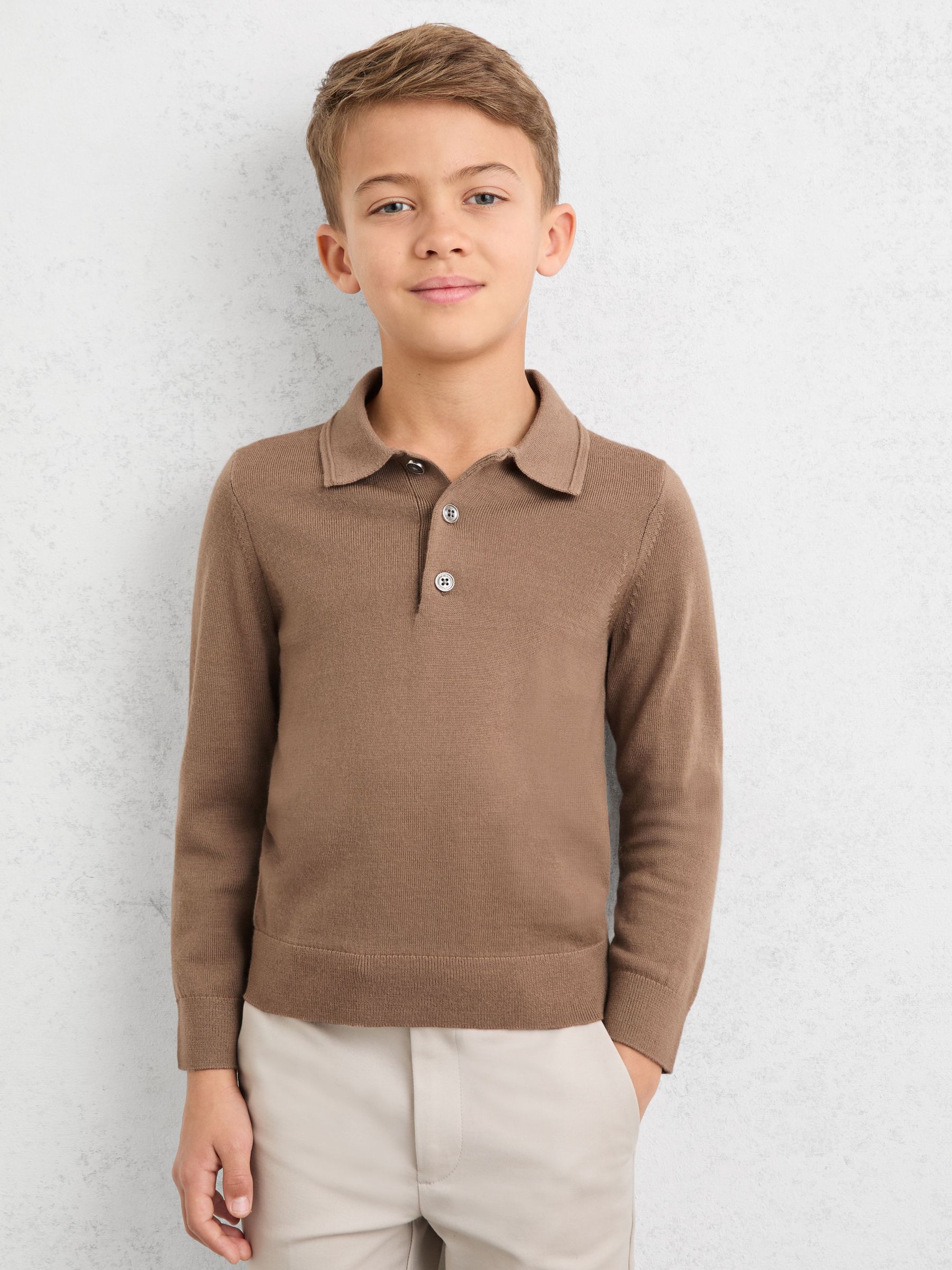 Merino Wool Long-Sleeve Polo Shirt in Camel Brown - Image 3 of 5
