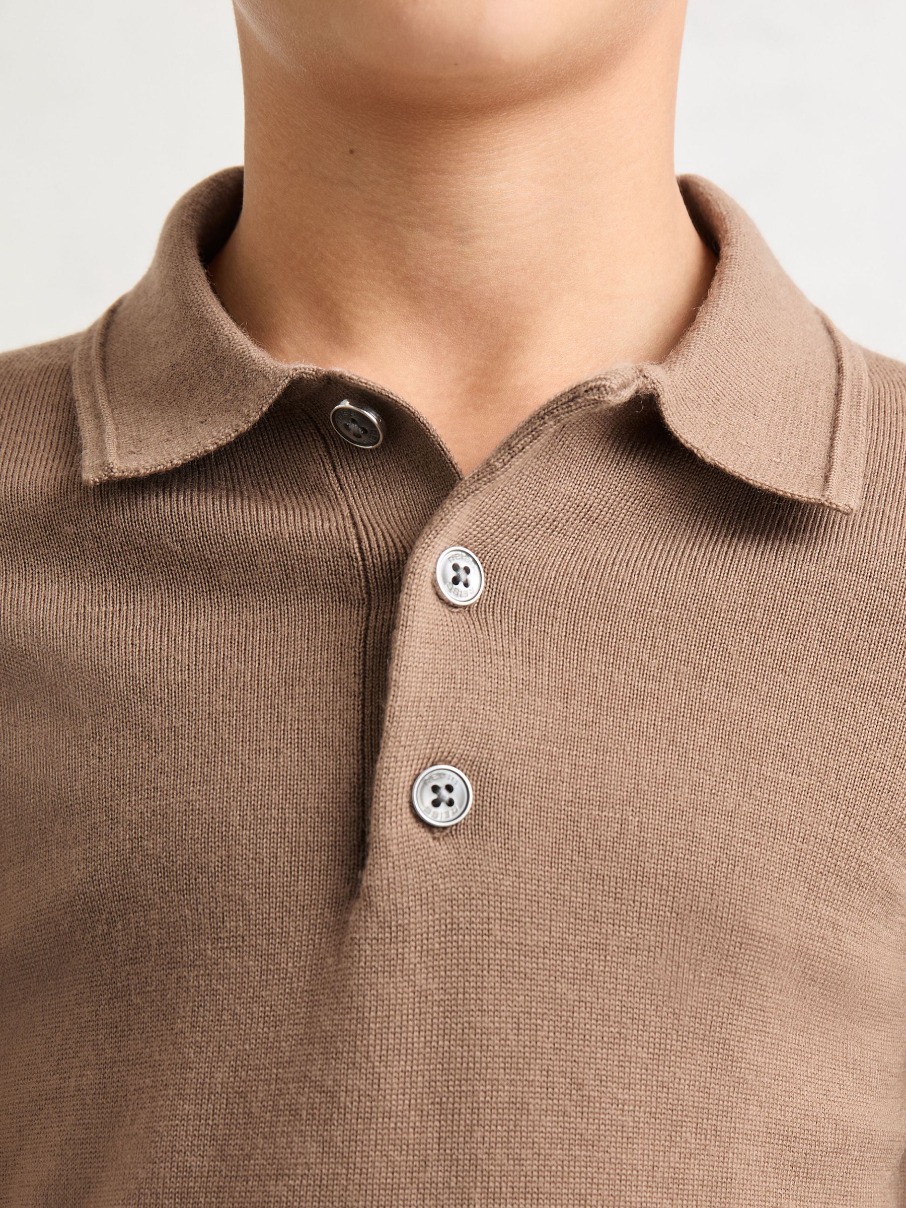 Merino Wool Long-Sleeve Polo Shirt in Camel Brown - Image 4 of 5